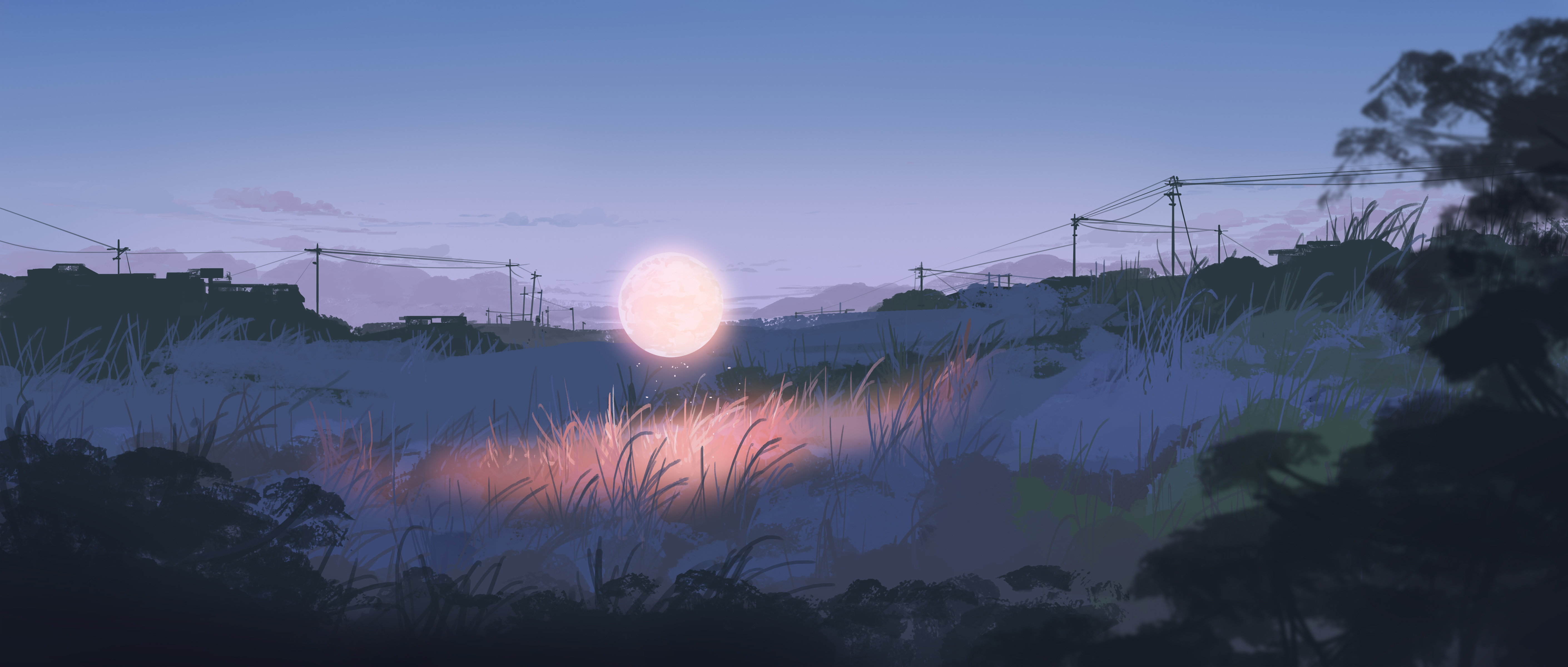 Free download Elegant Illustrations Widescreen Ultra-Wide Painting Field Nature Abstract Telephone Pole Moon 4K Wallpaper, Wallpaper(s)
