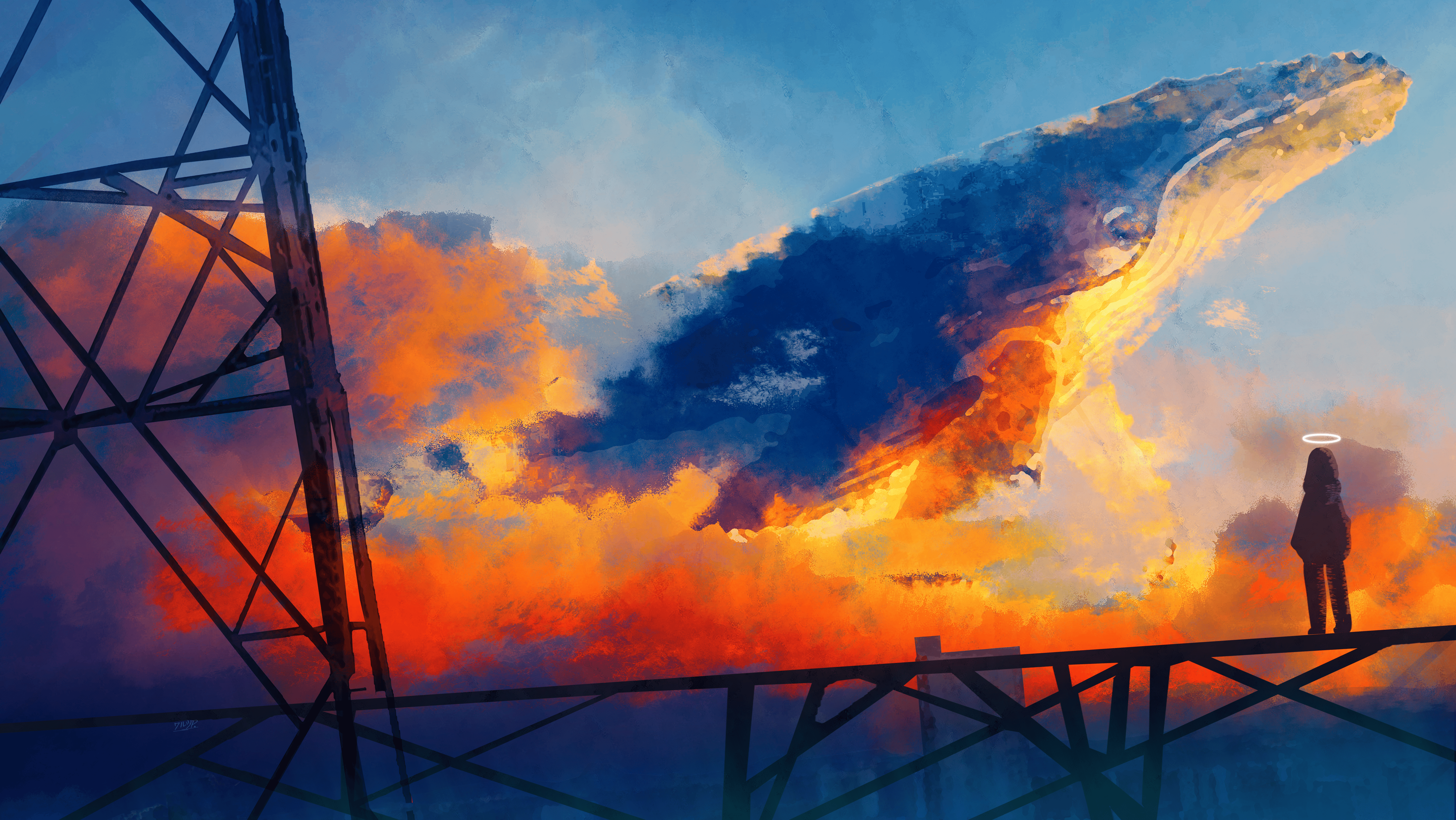 Free download Standing Illustrations Colorful Blue Whale Fantasy Landscape Silhouette Watercolor Halo Sunset Clouds Sky Tower City Whale Animals Flying Whale 4K Wallpaper, Wallpaper(s)