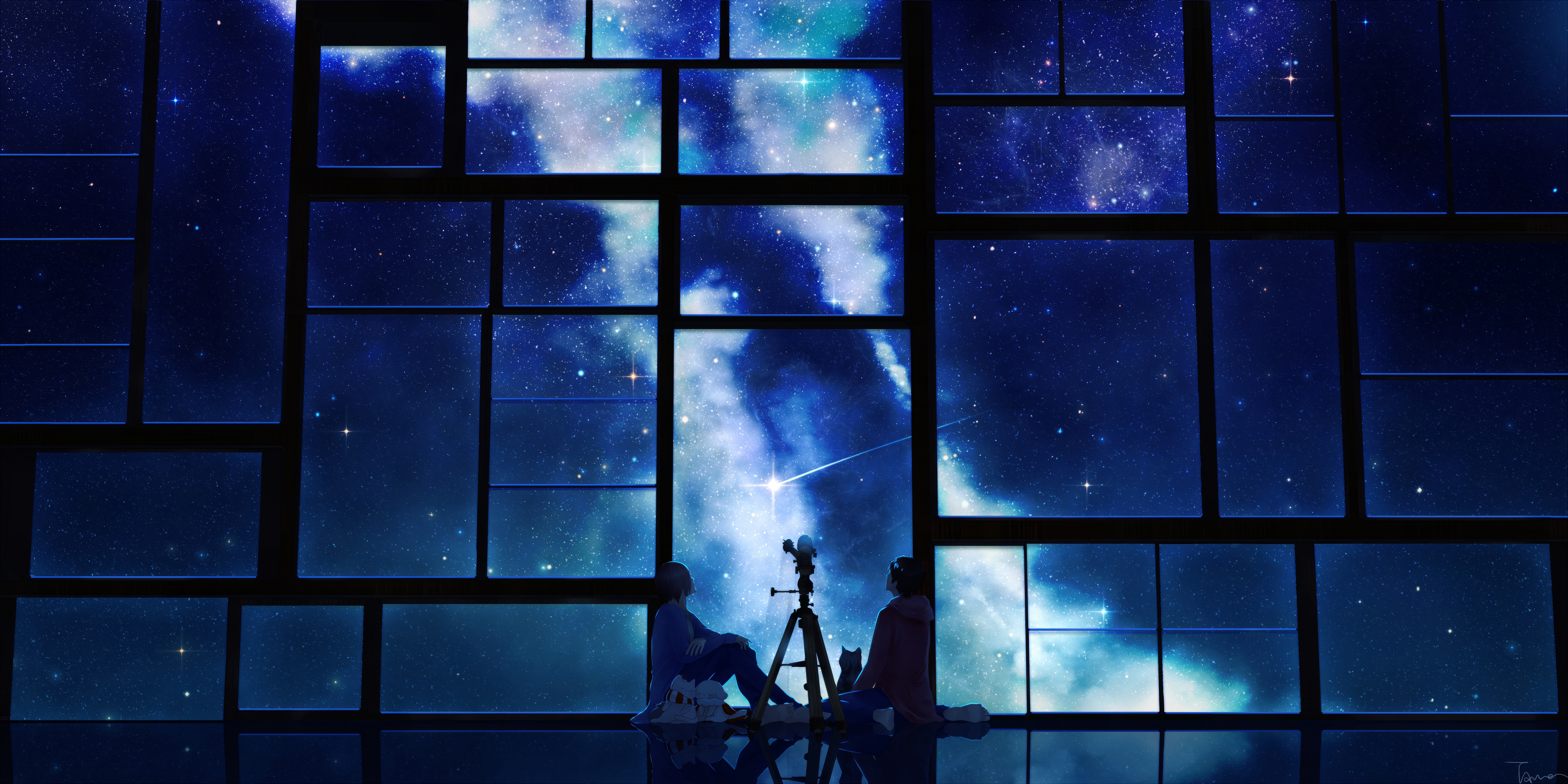 Free download Anime Painting Space Night Stars Blue Window Telescope 4K Wallpaper, Wallpaper(s) website provided.