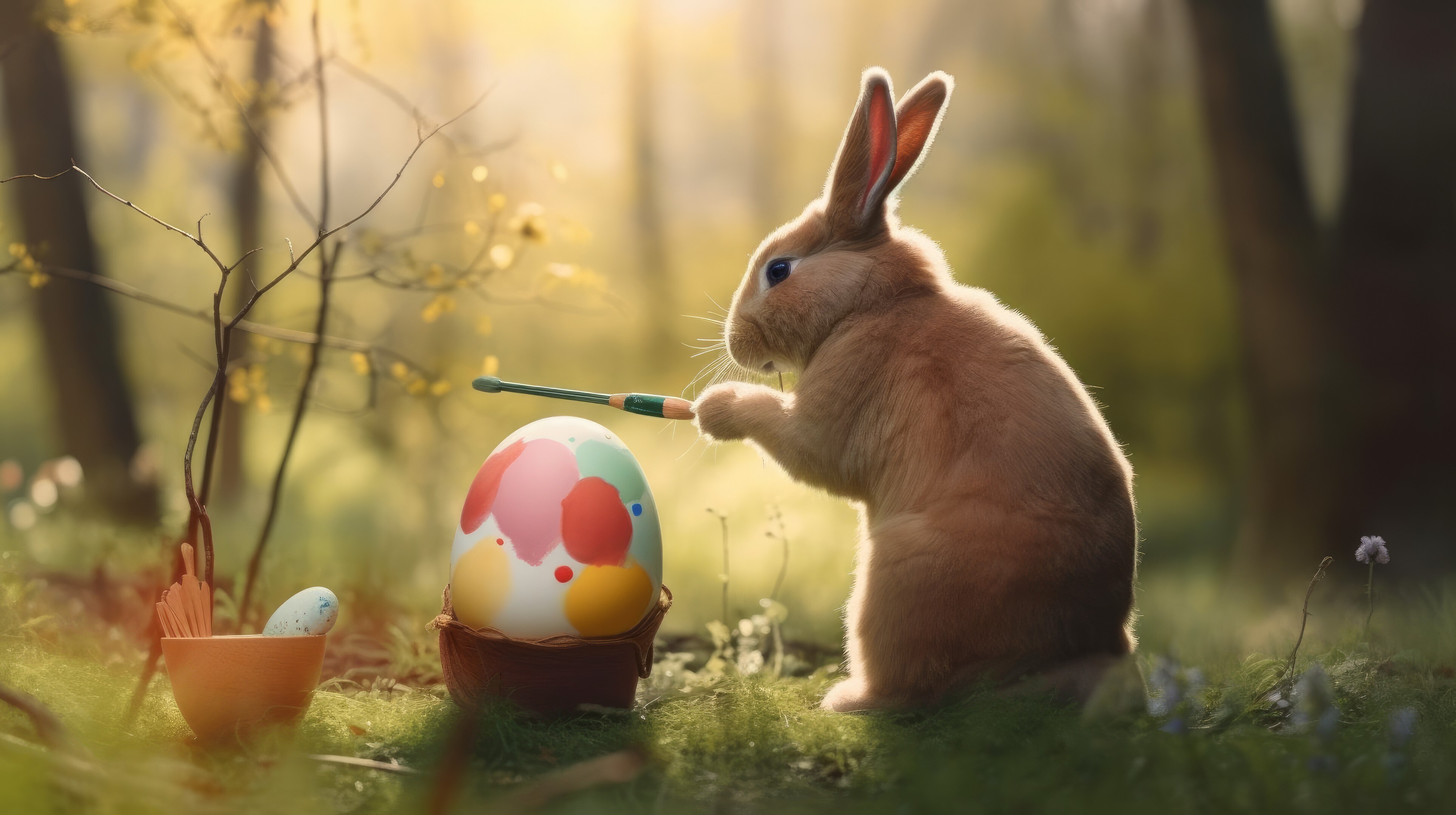 Free download Art rabbit Easter Easter eggs painting animals trees forest computer wallpaper 4K wallpaper, Wallpaper(s) website provided.