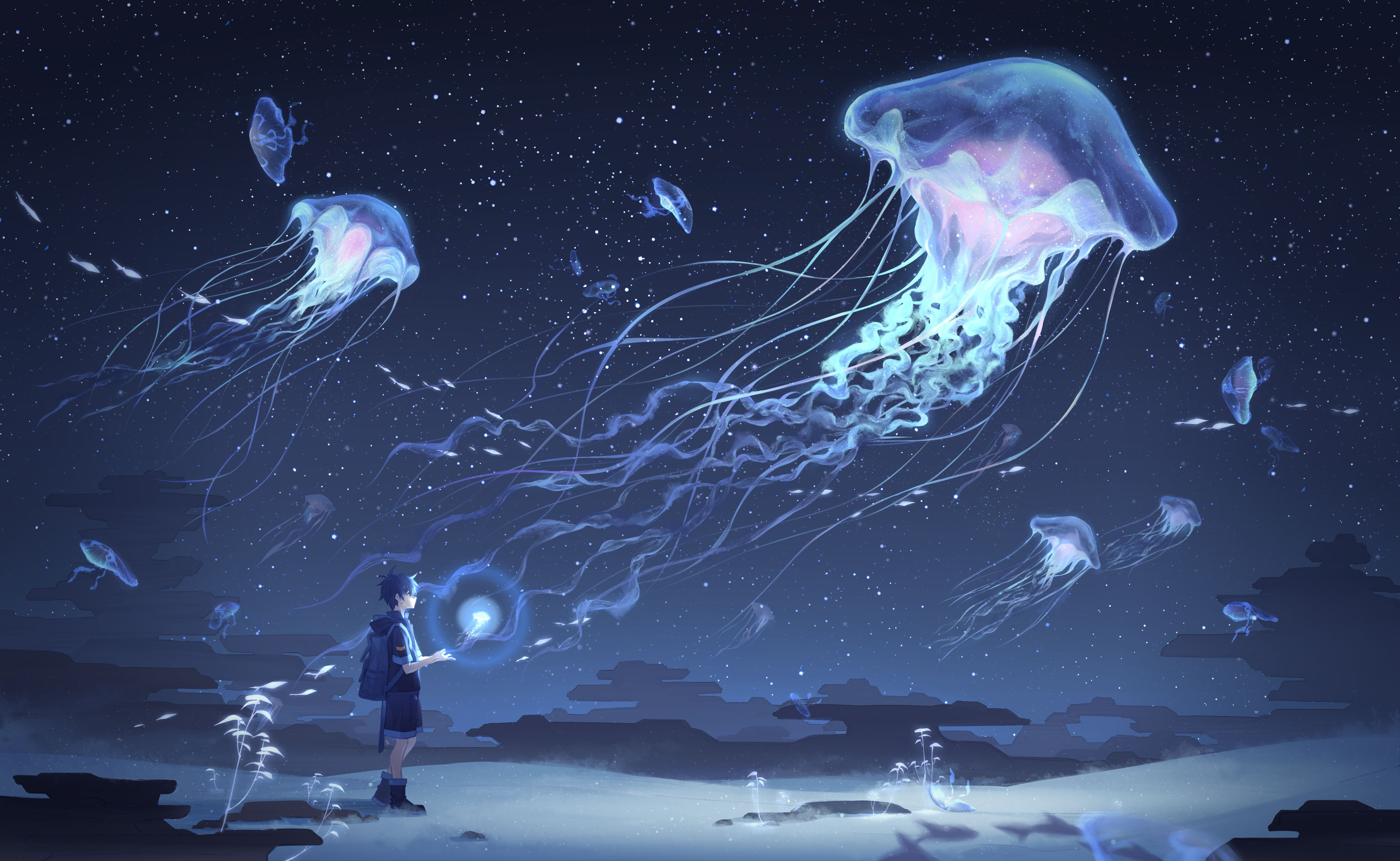 Free download Jellyfish Night Sky Cloud Star Fish Bright Glowing 4K Wallpaper, Wallpaper(s) website provided.