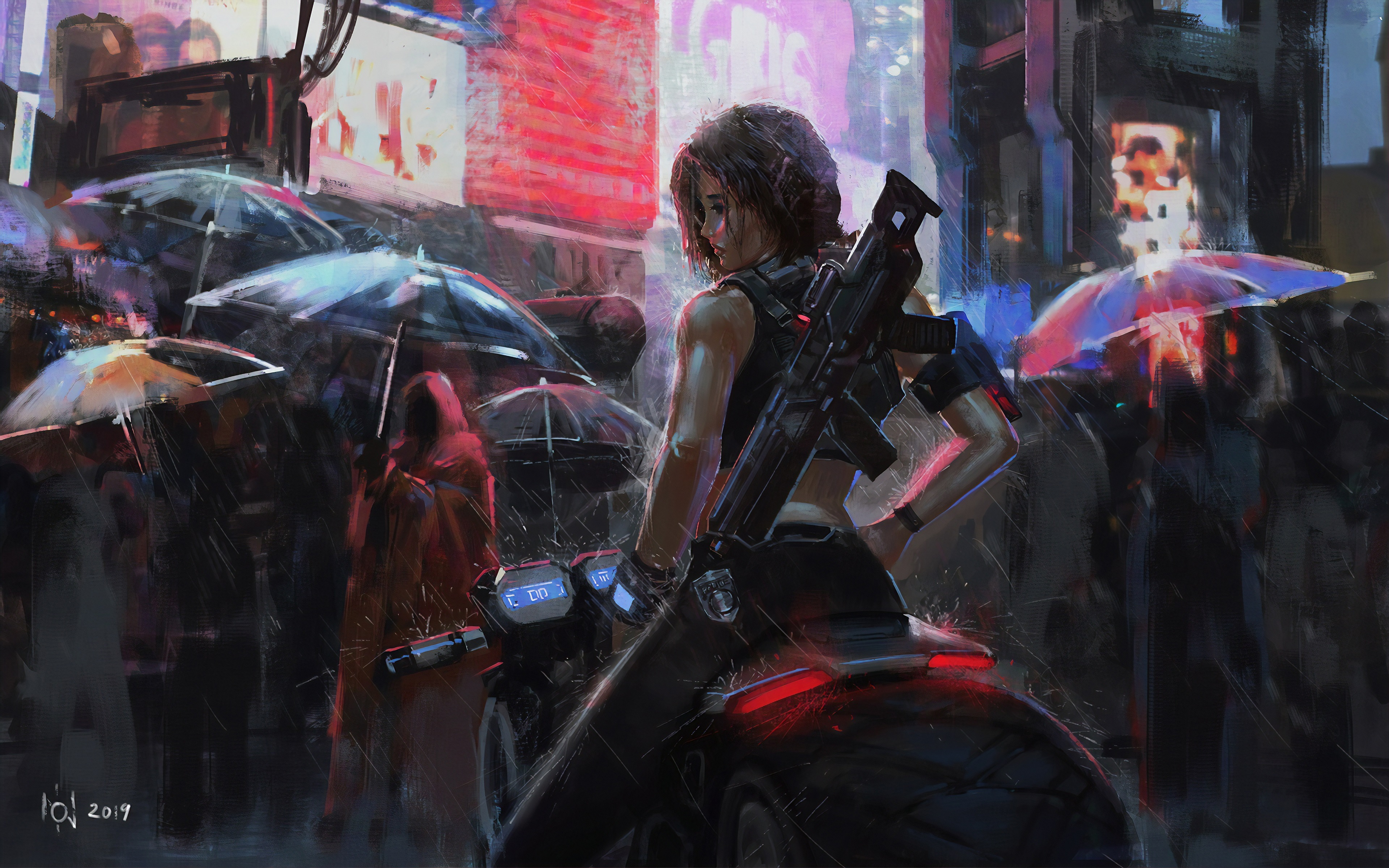 Free download Woman Weapon City Umbrella Rain Futurism Motorcycle Fantasy Art Night 4K Wallpaper, Wallpaper(s)