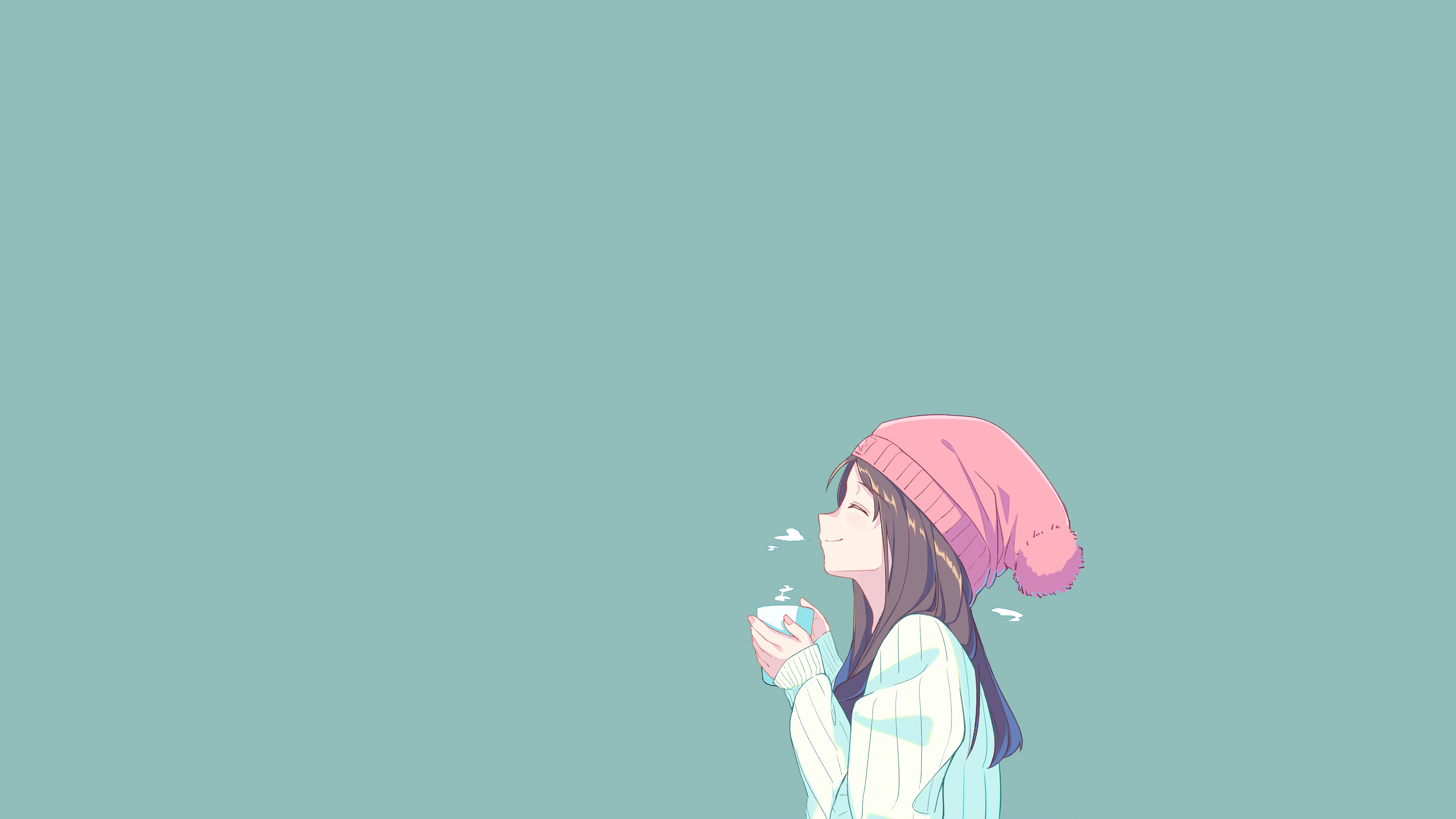 Free download brunette anime hat girl winter coffee cold minimalism cup turquoise 4K wallpaper, Wallpaper(s) website provided.