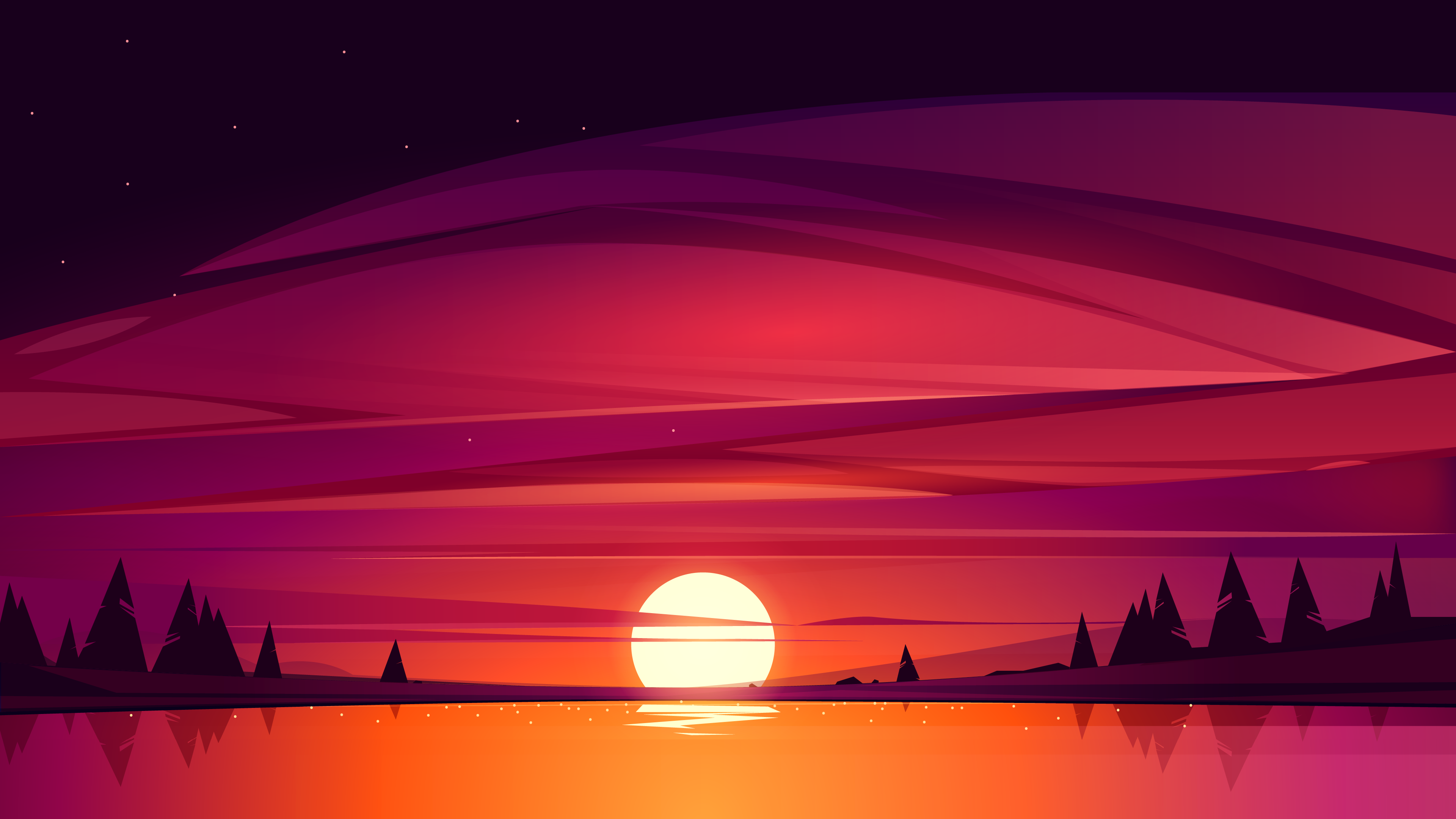 Free download Sunset Lake Trees Sun AI Art Purple Sky Stars 4K Wallpaper, Wallpaper(s) website provided.