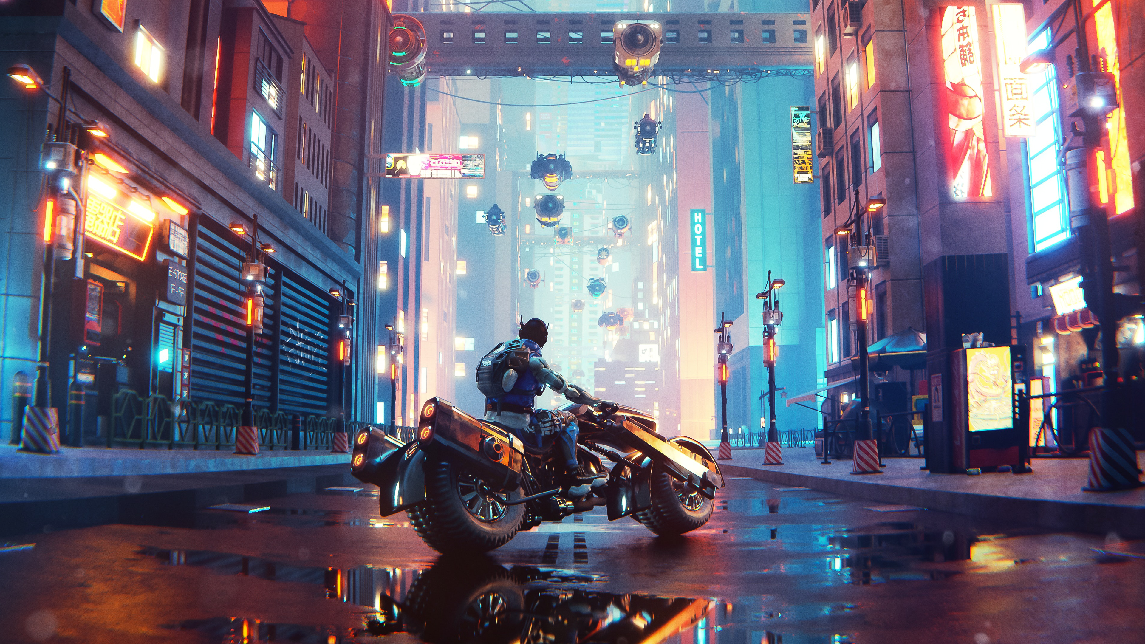 Free download AI Art Illustrations City Futuristic City Cyberpunk City Lights Reflection Fantasy City Street Computer Wallpaper 4K Wallpaper, Wallpaper(s) website provided.