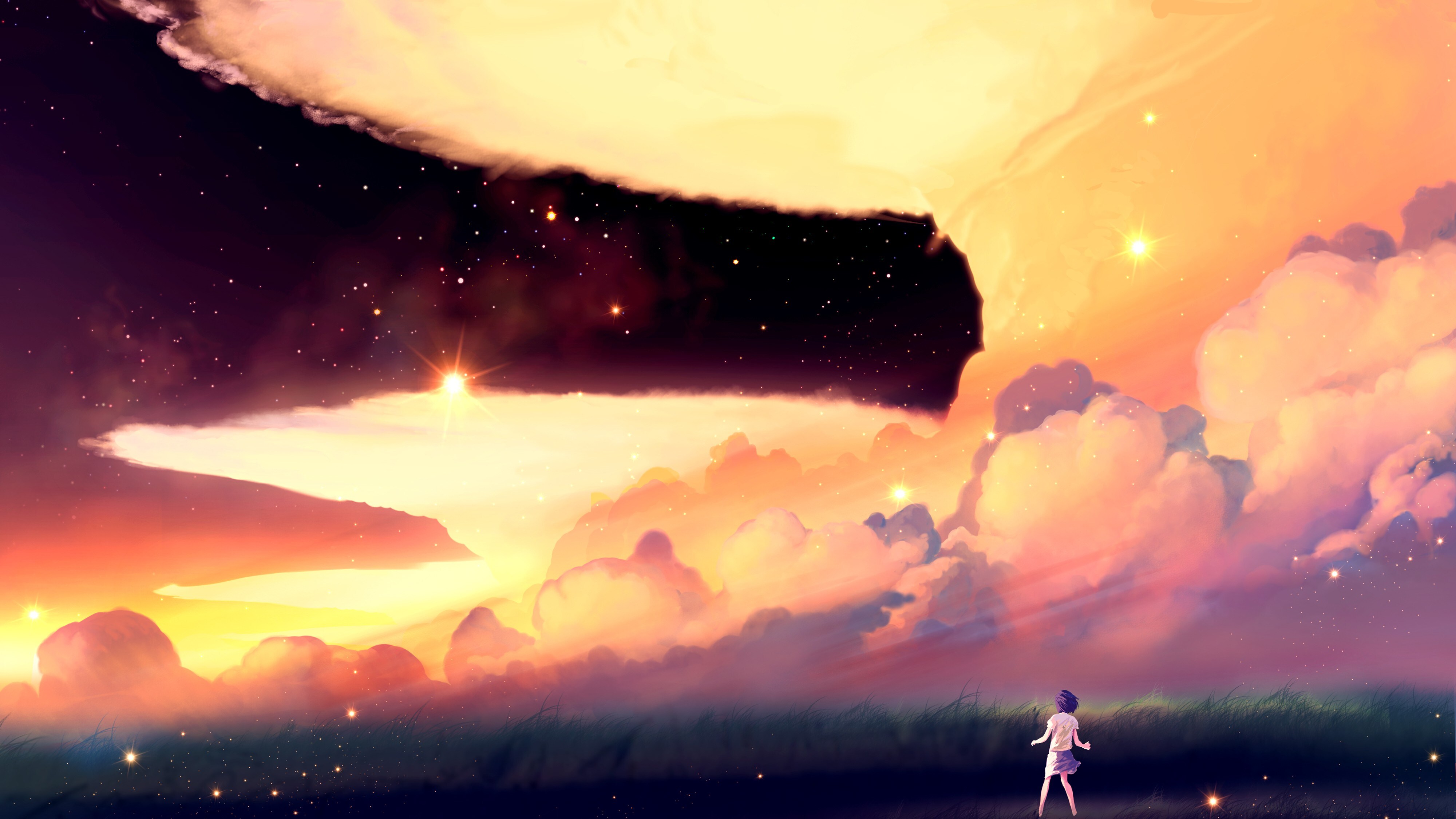 Free download Short hair Space Star Fantasy Art Landscape Anime Girl Anime Sky Cloud Grass Field 4K Wallpaper, Wallpaper(s) website provided.