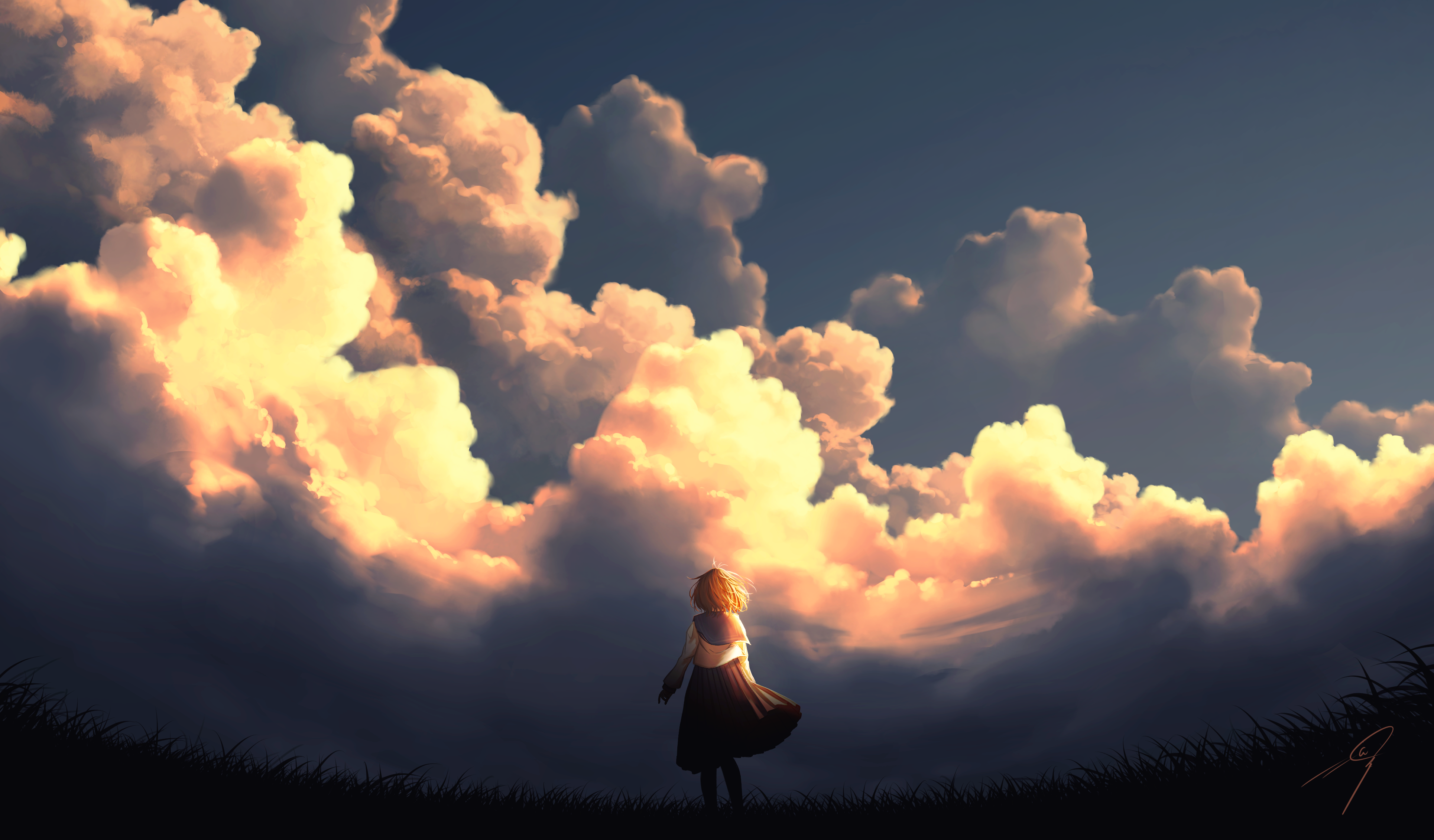 Free download Female AI Art Illustration Clouds Landscape School Uniform Sky Sunset Sunset Glow 4K Wallpaper, Wallpaper(s) website provided.