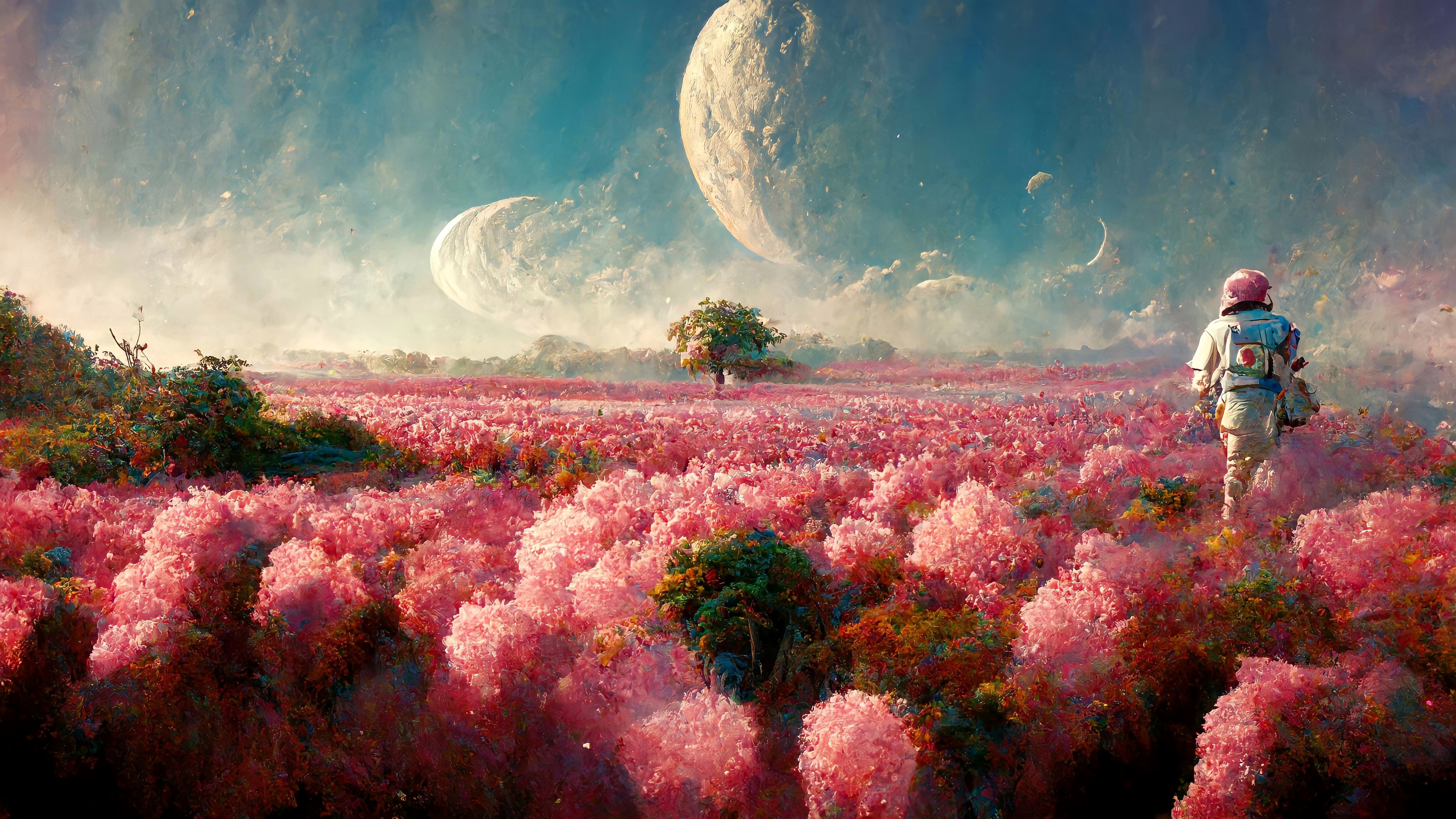 Free download Astronaut Moon Space Field Painting Artificial Intelligence Art Trees Flowers Midway Blossom Landscape Planets Computer Wallpaper 4K Wallpaper, Wallpaper(s) website provided.