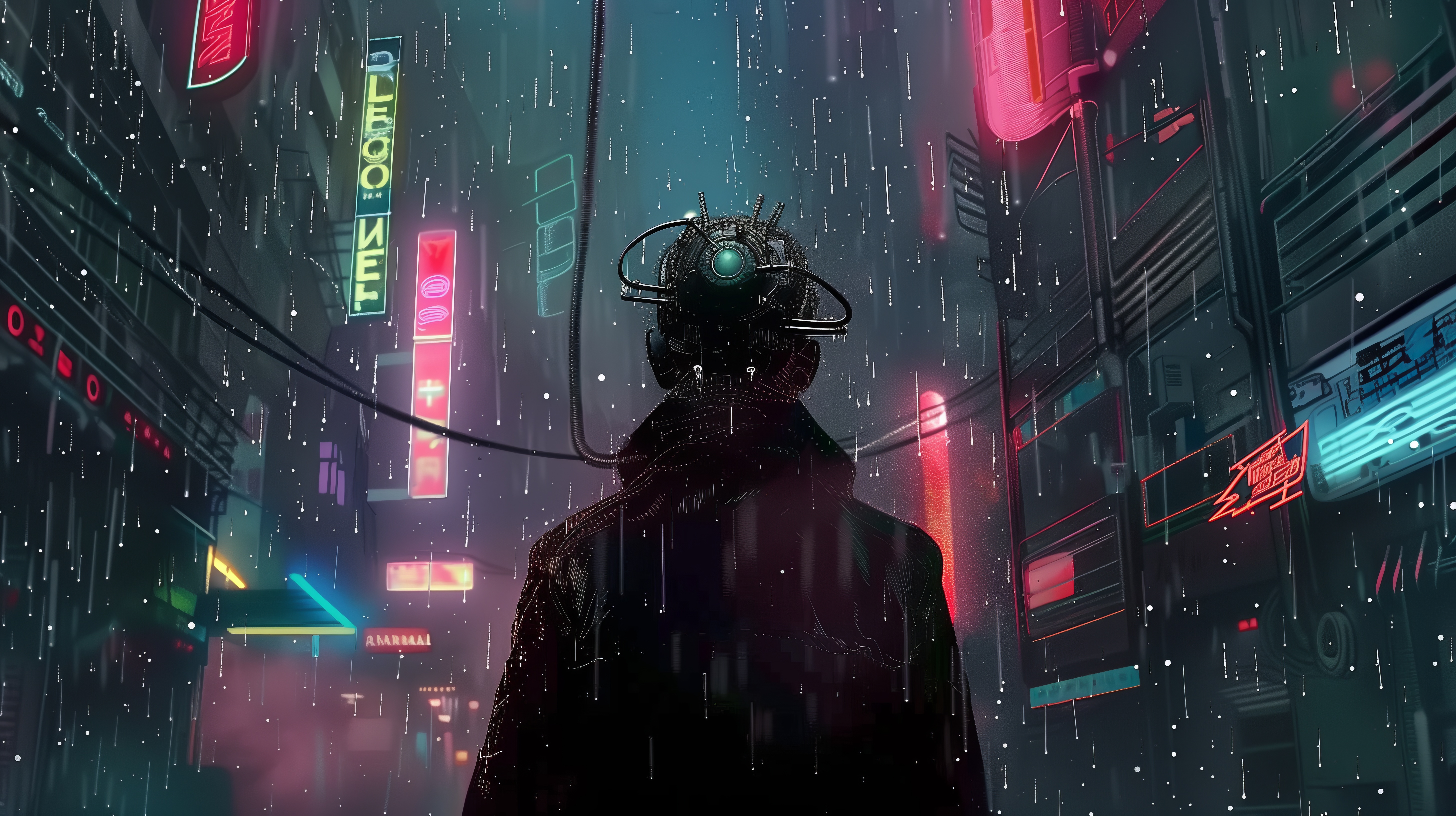 Free download AI Art Cyberpunk Illustrations Rain City Headphones Neon Street Computer Wallpaper 4K Wallpaper, Wallpaper(s) website provided.