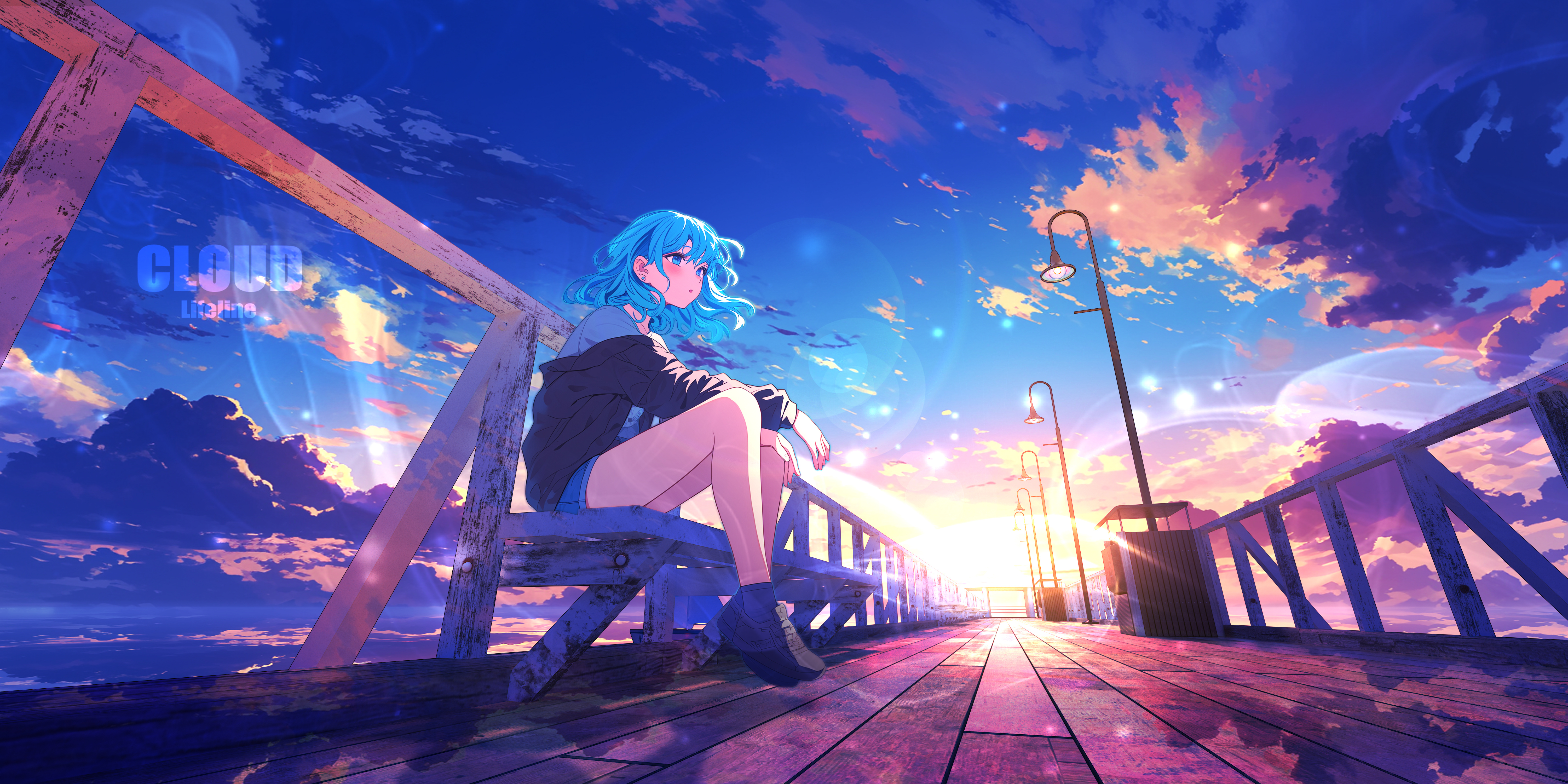 Free download Lifeline Side View Sitting Outdoor Woman Blue Hair Flying Sky Cloud Bench Pier Shorts Sunset Long Sleeve Iron Railing Black Jacket Street Lights Sunset Night 4K Wallpaper, Wallpaper(s) website provided.