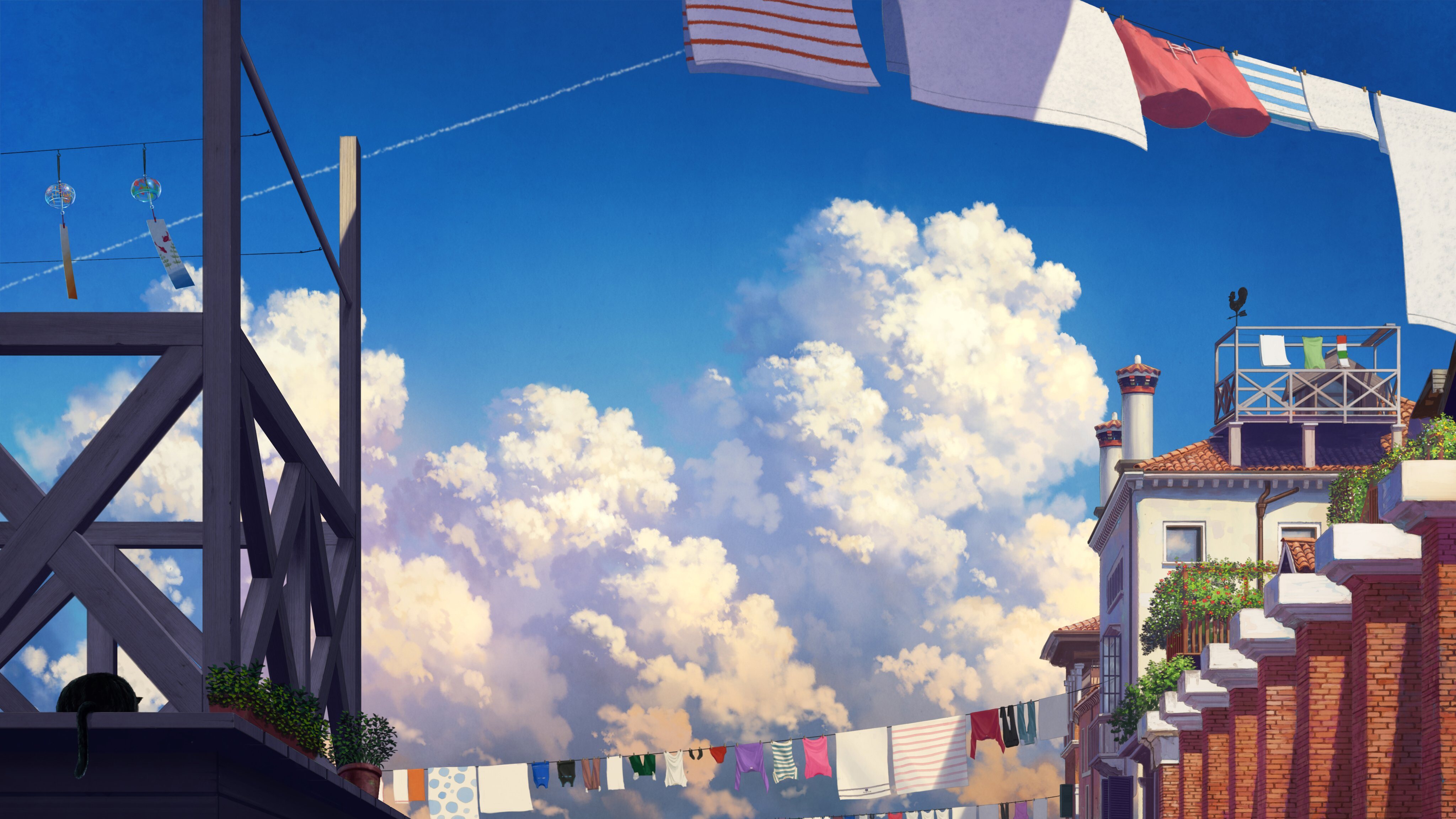 Free download Wind chimes sky cloud cumulus cat laundry house clothespins building outdoor tower shorts 4K wallpaper, Wallpaper(s) website provided.