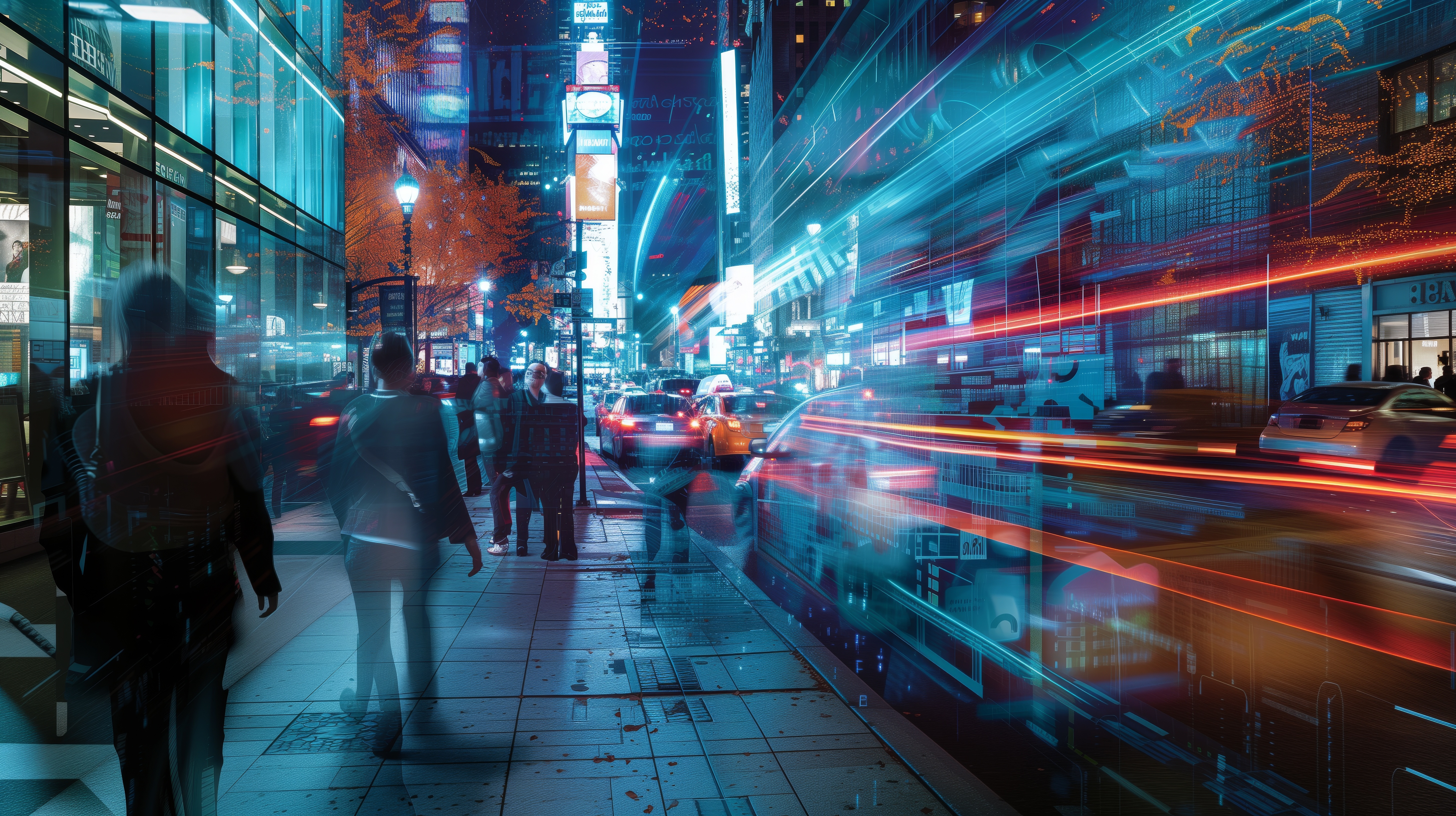 Free download AI Art City Street Long Corridor Sidewalk Busy Street Night Computer Wallpaper 4K Wallpaper, Wallpaper(s) website provided.