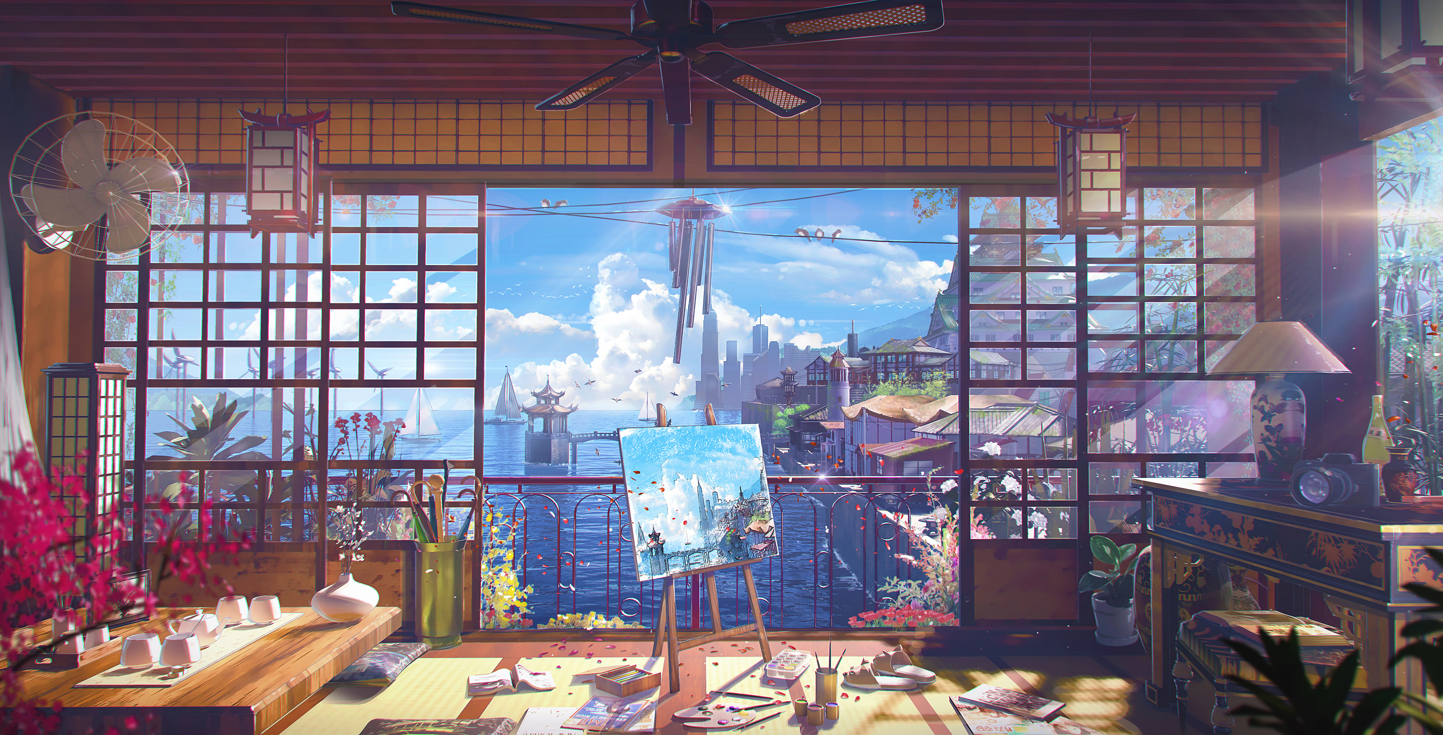 Free download Taekwondo House Painting Canvas Fan Seashore Light Sunlight Indoor Vase Flowerpot Easel Wire Wind Chime Petals Sky Balcony Sea Light Cloud 4K Wallpaper, Wallpaper(s) website provided.