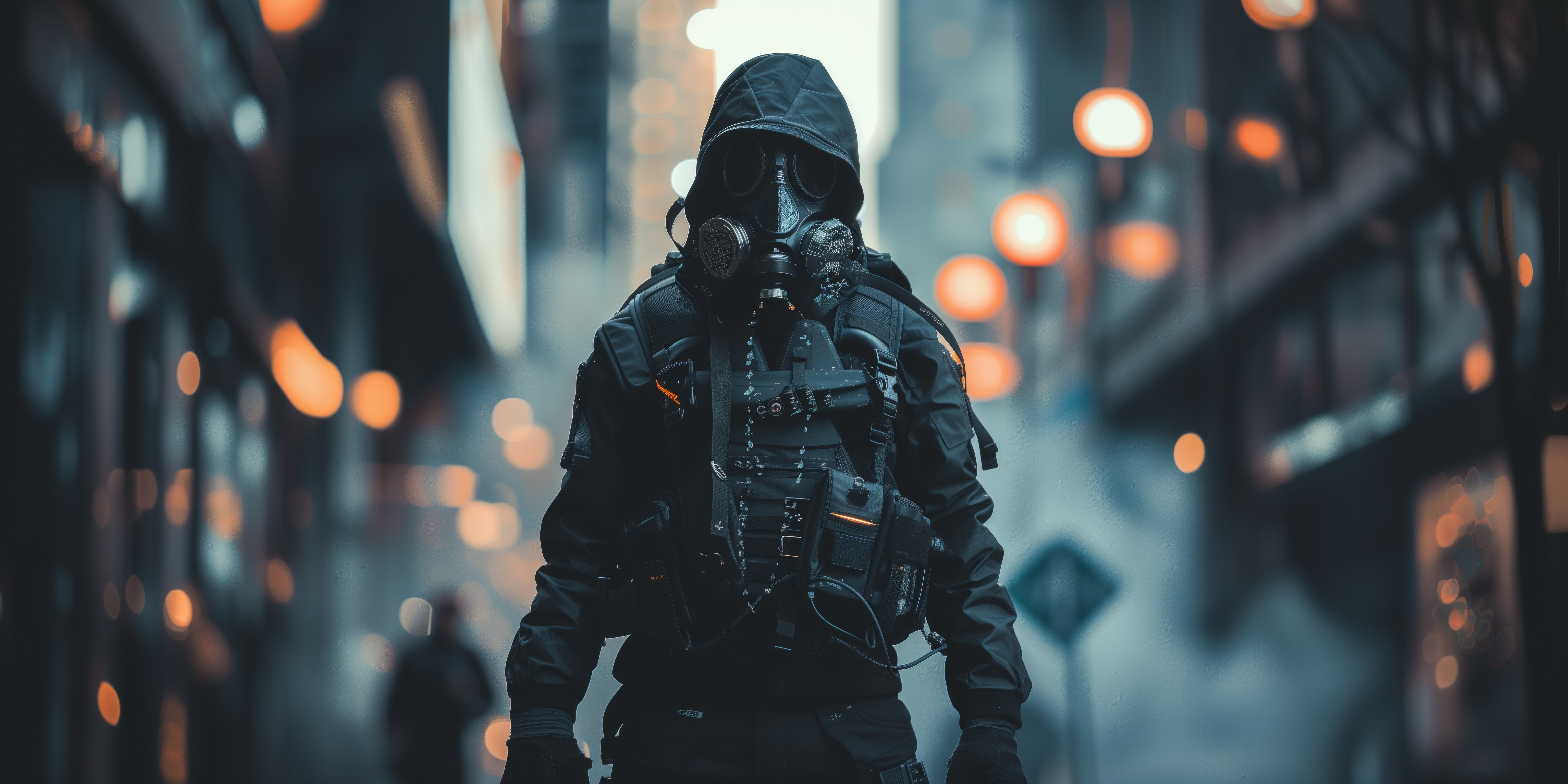 Free download AI Art Cyberpunk City Street Gas Mask Smoke Hood Computer Wallpaper 4K Wallpaper, Wallpaper(s) website provided.