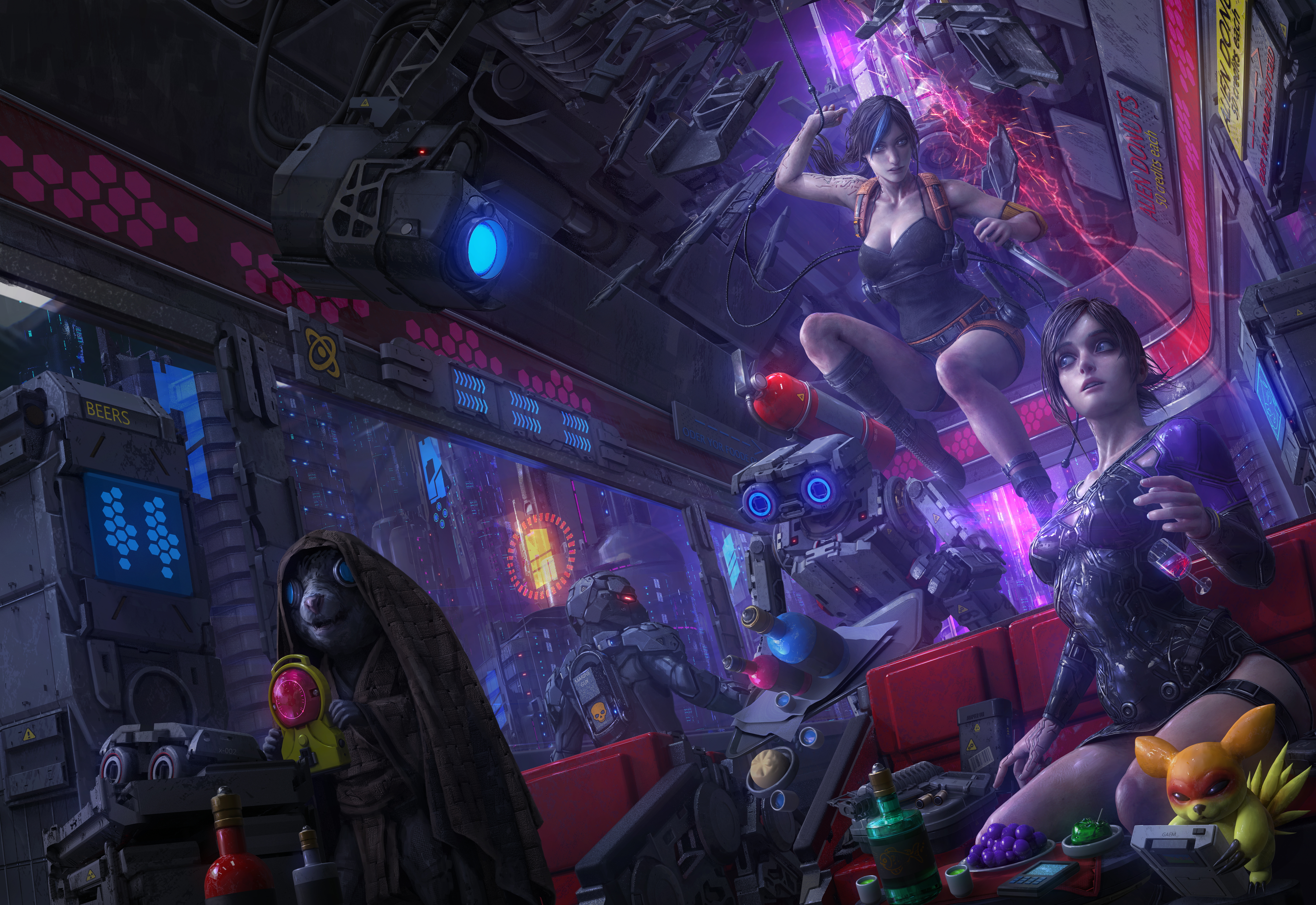 Free download Woman Fantasy Girl Original Characters Sitting Cyberpunk Science Fiction Novel Futurism Concept Art Robot AI Art Illustrations Sketch Cyborg Vest Shorts Dress Restaurant Destruction 8K Wallpaper, Wallpaper(s) website provided.