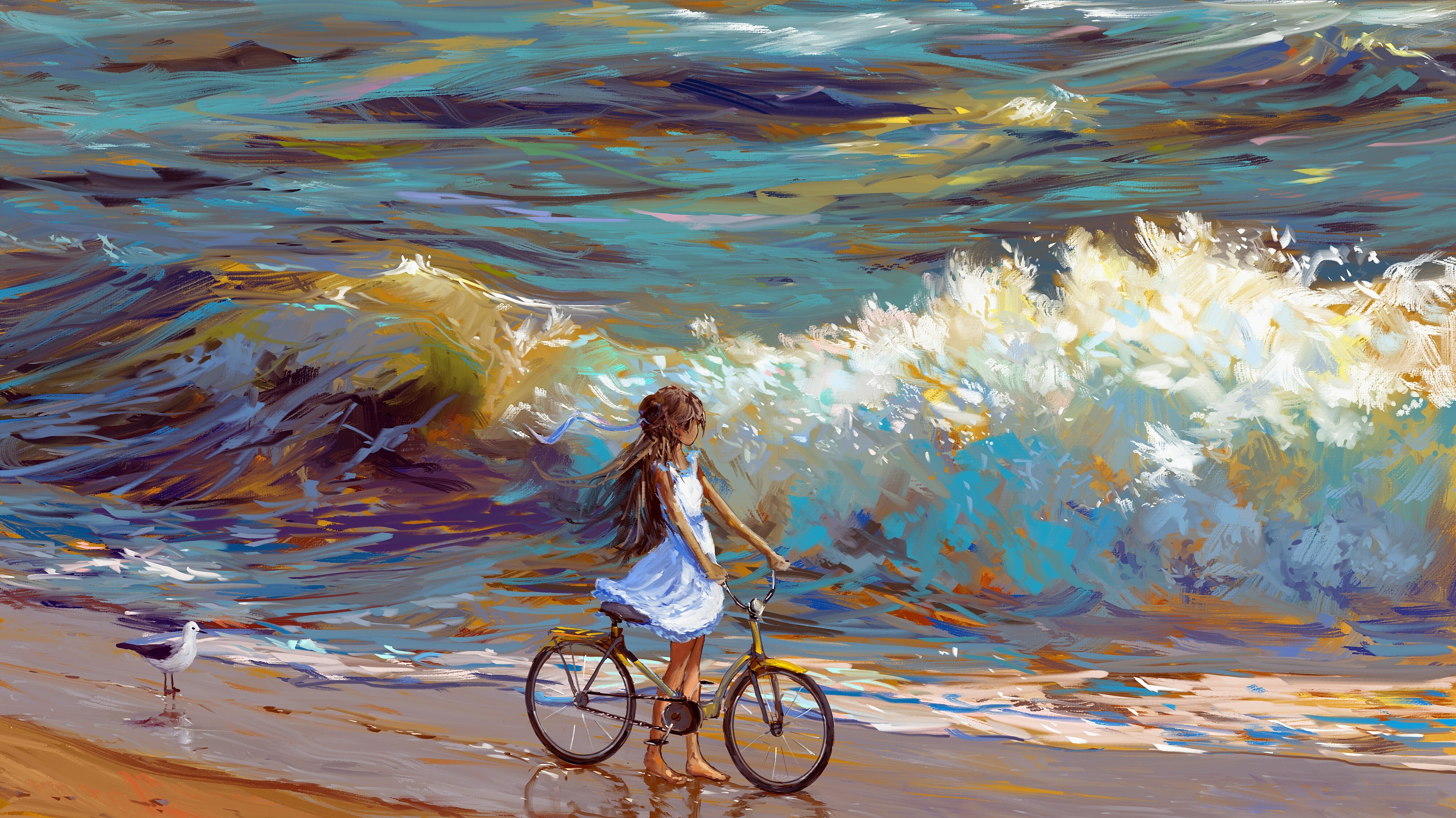 Free download Pictures Illustrations Ocean Bicycle Waves 4K Wallpaper, Wallpaper(s) website provided.