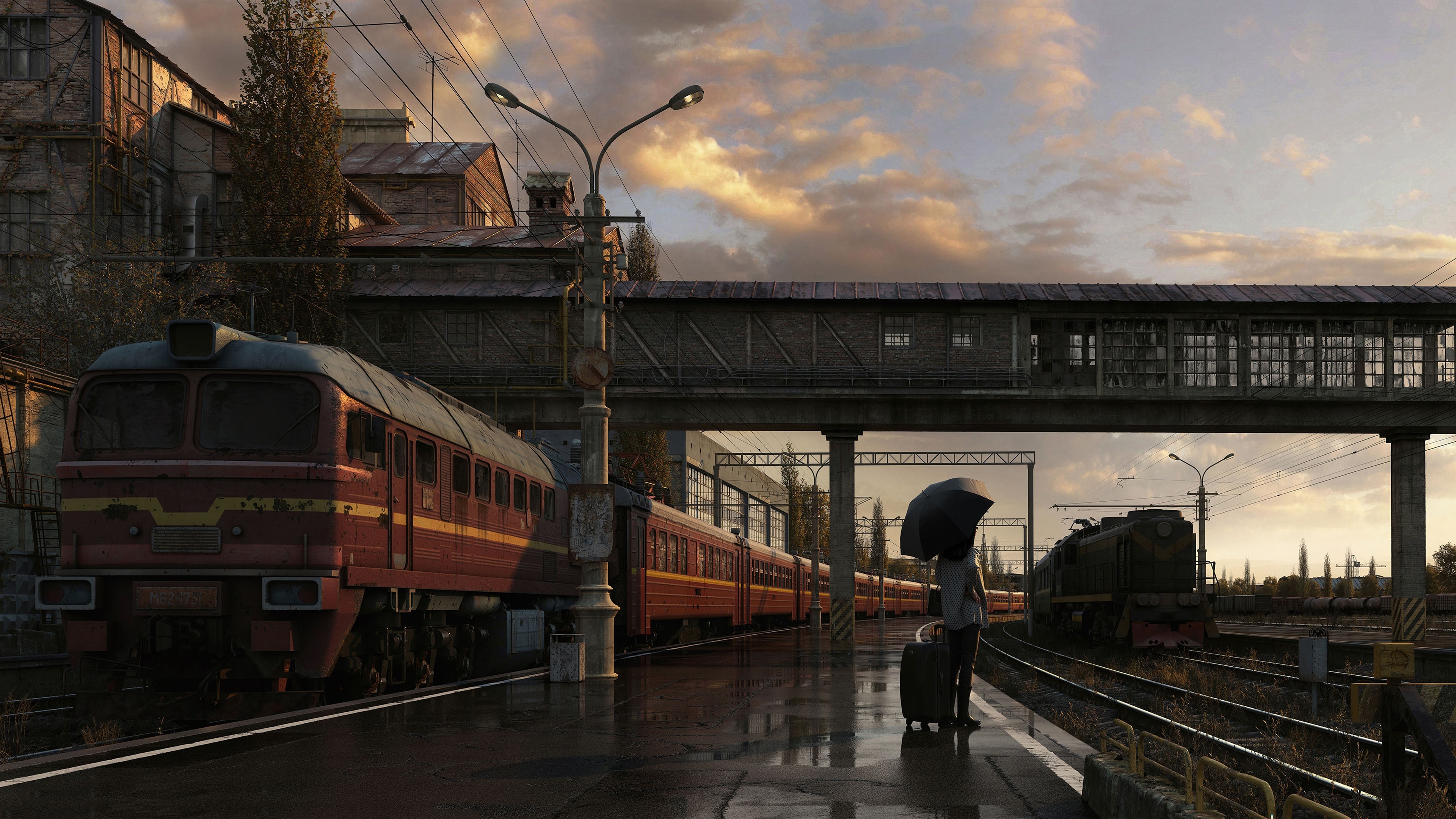 Free download Female AI Art Umbrella City Train Railway Station 4K Wallpaper, Wallpaper(s) website provided.