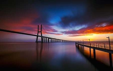 Free download Nature Landscape Clouds Sky Water Bridge Telephone Pole River Sunrise 4K Wallpaper, Wallpaper(s) website provided.
