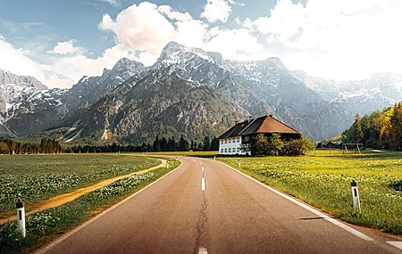 Free download nature road house trees grass field mountains sky cloud path 4K wallpaper, Wallpaper(s) website provided.