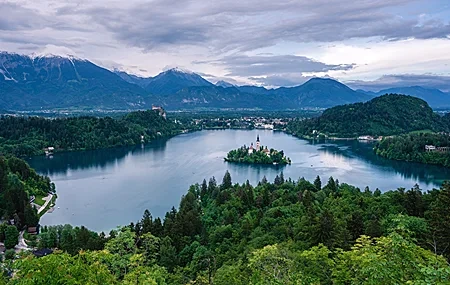 Free download landscape nature lake trees sky forest island cloud architecture water mountains 4K wallpaper, Wallpaper(s) website provided.