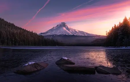 Free download winter sunrise lake mountains nature landscape frozen water sunset glow 4K wallpaper, Wallpaper(s) website provided.