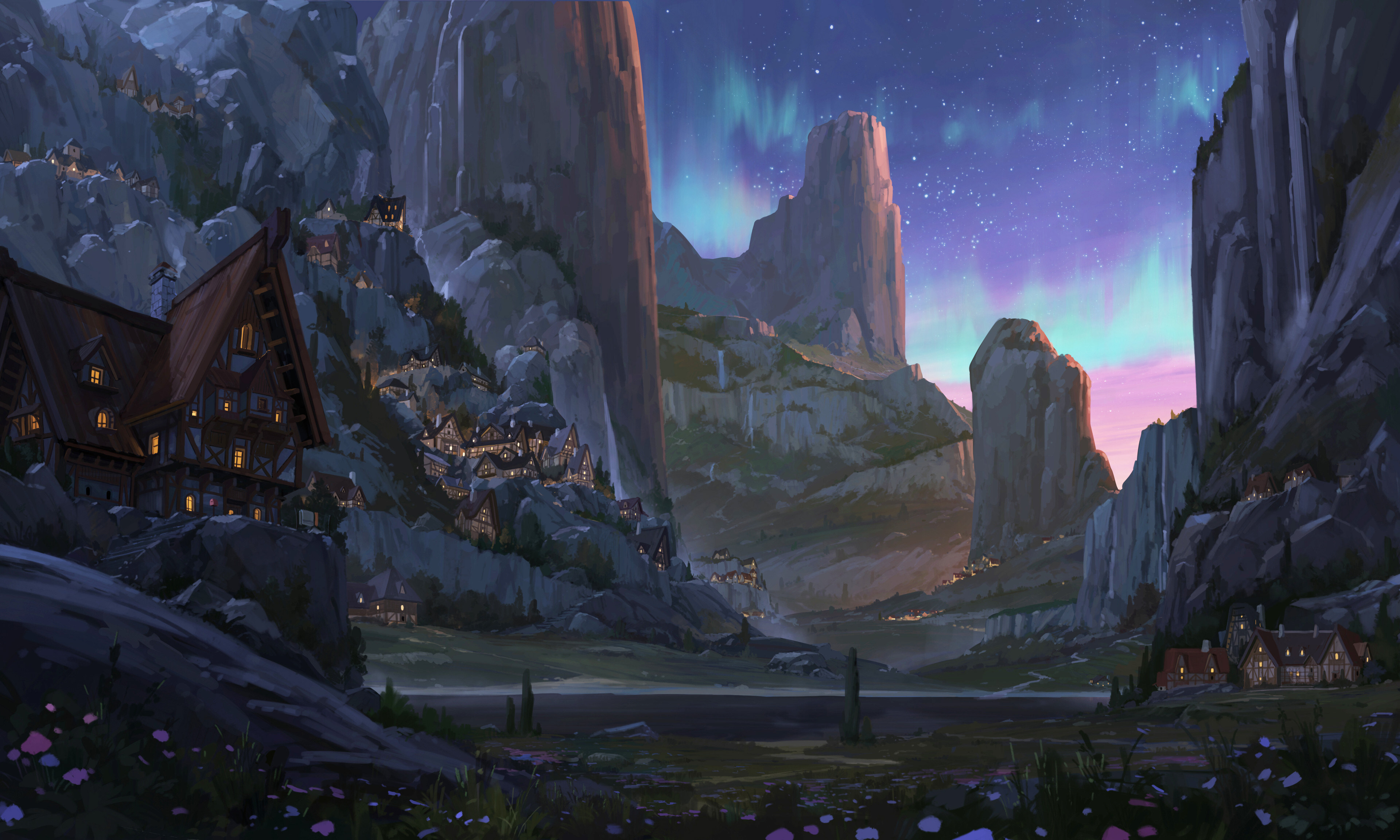 Free download AI Art Nature Mountains Aurora Village 4K Wallpaper, Wallpaper(s) website provided.