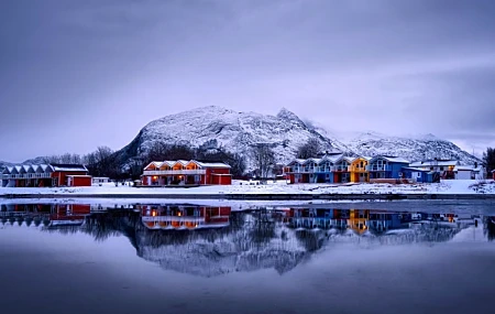Free download nature landscape water trees cloud house village reflection snow winter sky 4K wallpaper, Wallpaper(s) website provided.