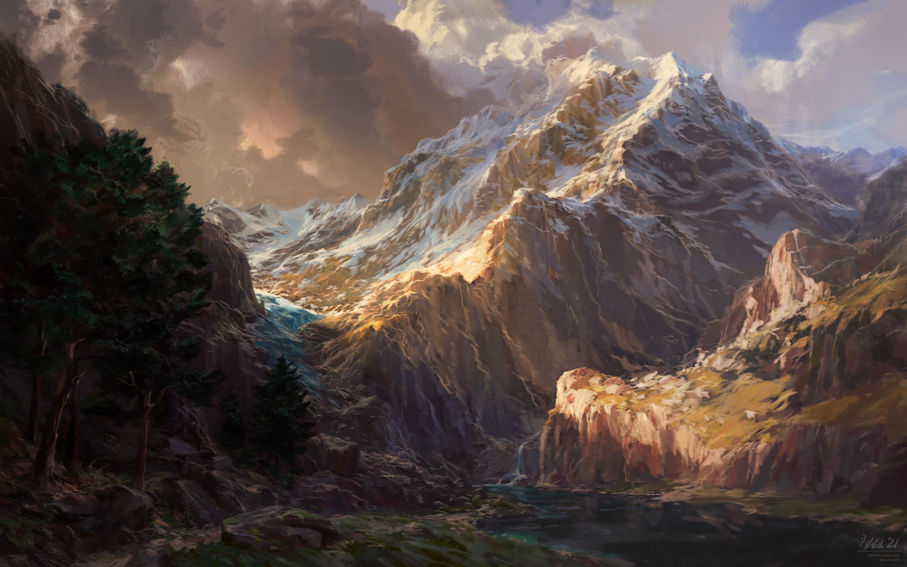 Free download AI Art Landscape Mountain Tree Cloud Nature 4K Wallpaper, Wallpaper(s) website provided.