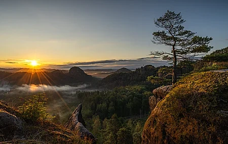 Free download Nature Landscape Sun Cloud Sky Trees Rock Grass Vision Sun Ray Rock Mountain Mist Sunshine Sunset Sunrise 4K Wallpaper, Wallpaper(s) website provided.