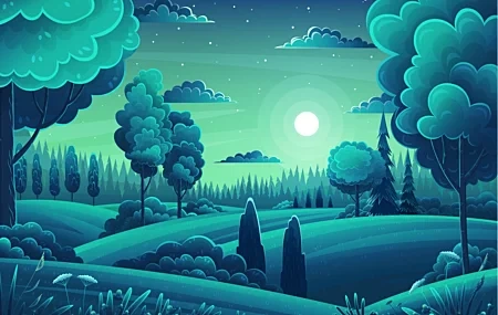 Free download Picture vector forest hill trees moon night landscape green sky cloud cartoon stars flower moonlight AI art 4K wallpaper, Wallpaper(s) website provided.