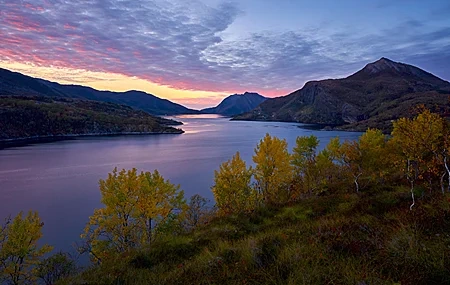 Free download Nature Landscape Trees Sky Clouds Sunrise Water River Mountains Plants Grass Gorge Bay Autumn 4K Wallpaper, Wallpaper(s) website provided.