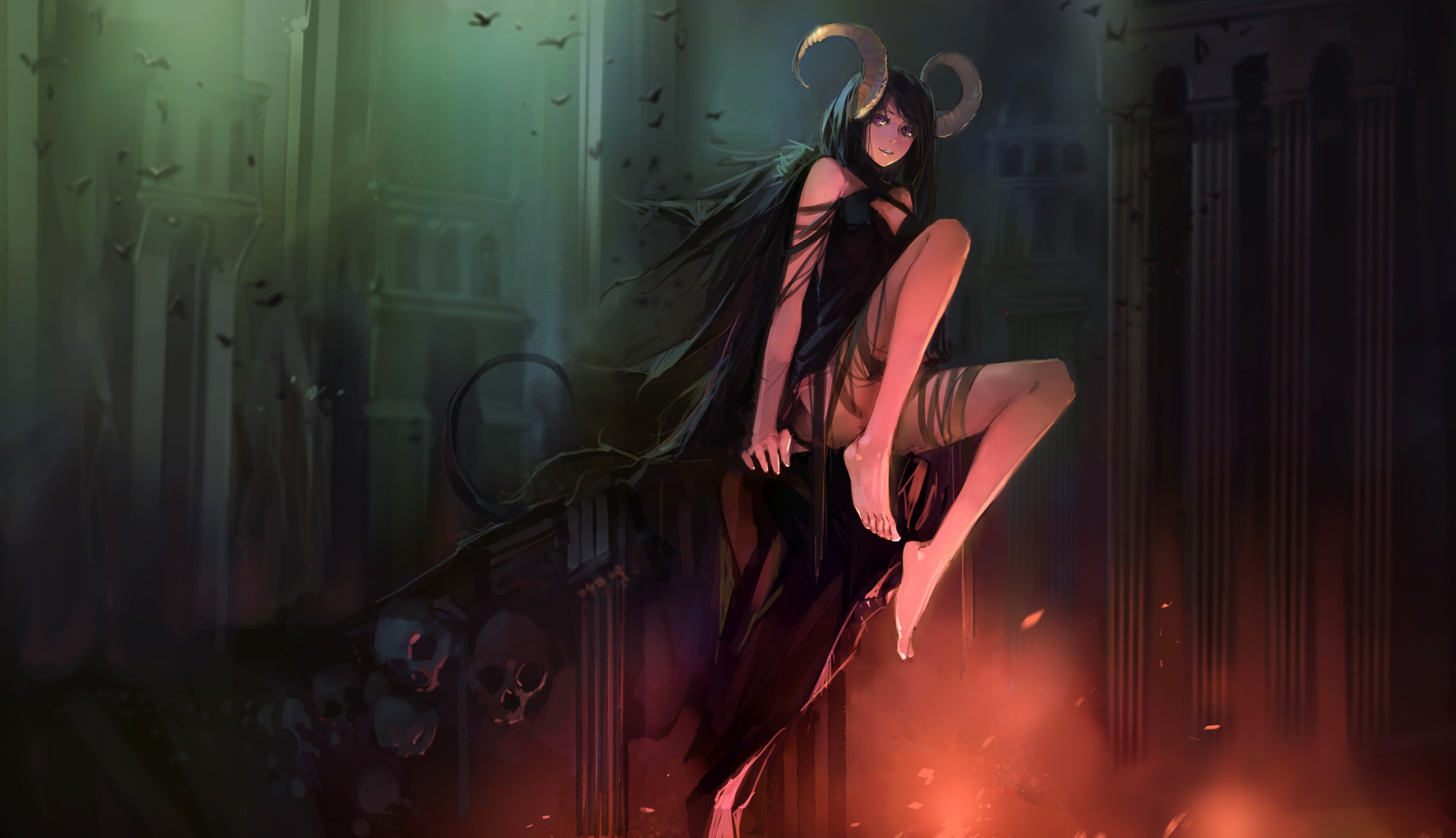Free download Fantasy Girl Demon Girl Brunette Hair Barefoot Legs Sitting Anime Girl Demon Skeleton Horn 4K Wallpaper, Wallpaper(s) website provided.