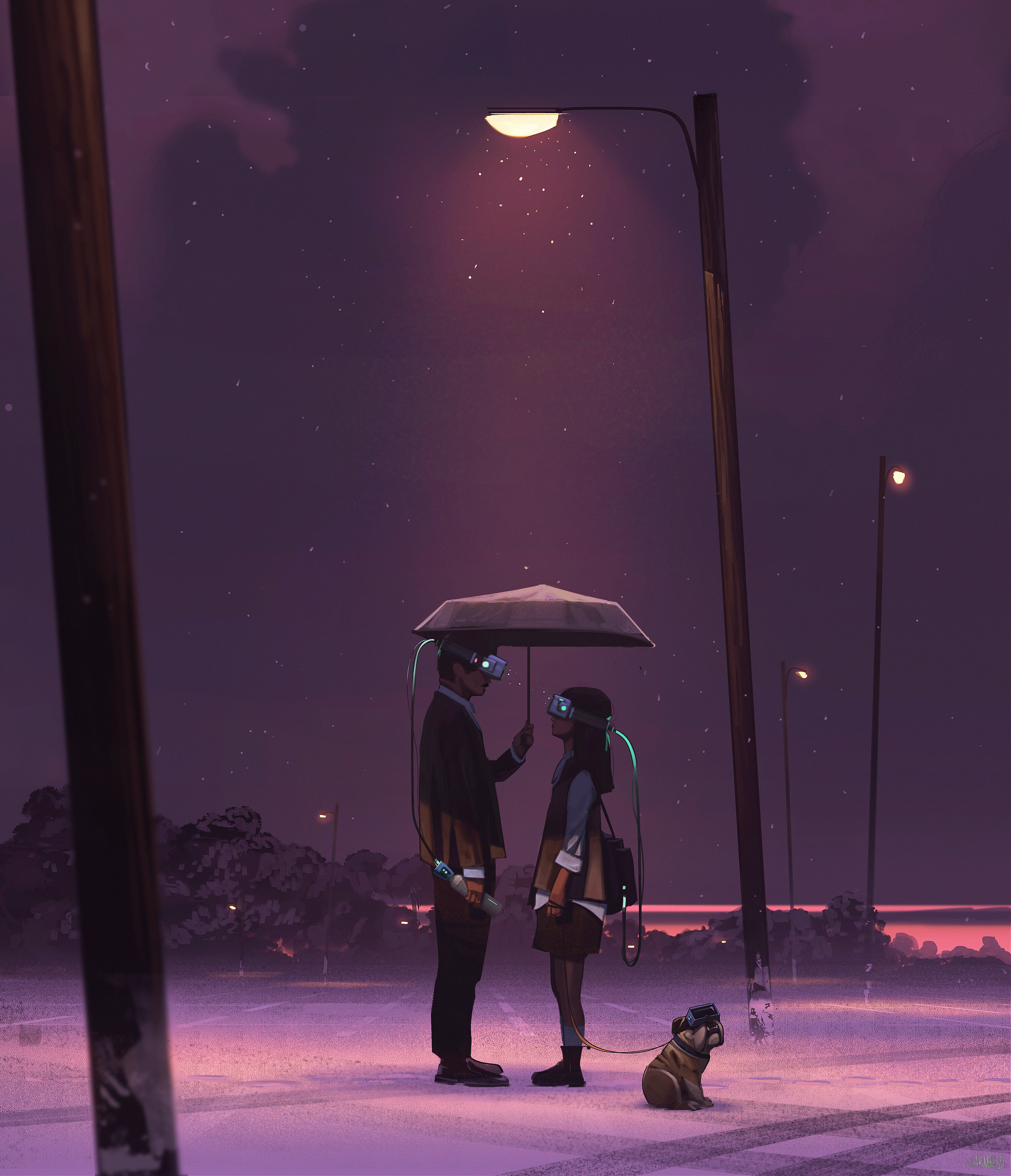 Free download Couple Digital Art Artwork Illustration Digital Painting Futuristic Stars Night Road Light Umbrella Mobile Wallpaper 4K Wallpaper, Wallpaper(s) website provided.