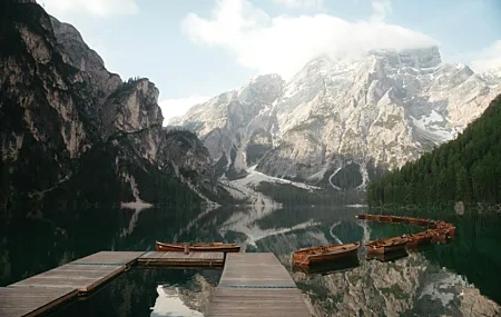 Free download landscape lake water forest nature mountain reflection boat trees sky 4K wallpaper, Wallpaper(s) website provided.