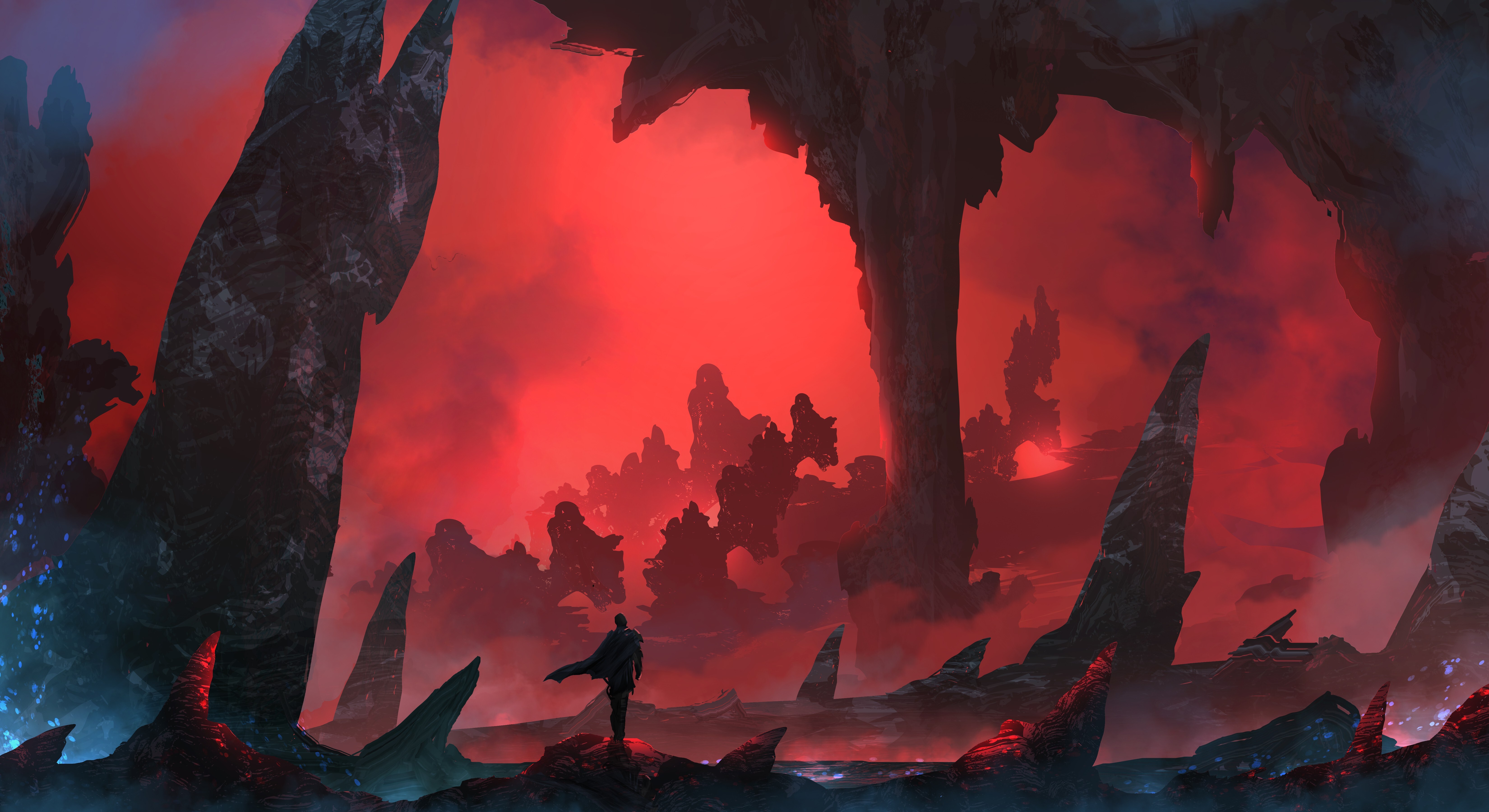 Free download Warrior Lonely Hero Fantasy Art Mist Rock Cloak Evil Art AI Art Red 4K Wallpaper, Wallpaper(s) website provided.
