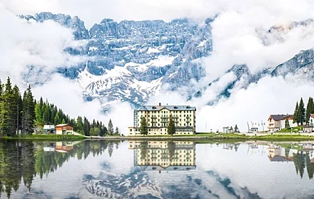 Free download Landscape Mansion Mountains Rock House Lake Reflection Clouds Trees Ripples 4K Wallpaper, Wallpaper(s) website provided.