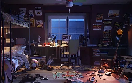 Free download 3D scenes bedroom table and chair computer window lighting 4K wallpaper, Wallpaper(s) website provided.