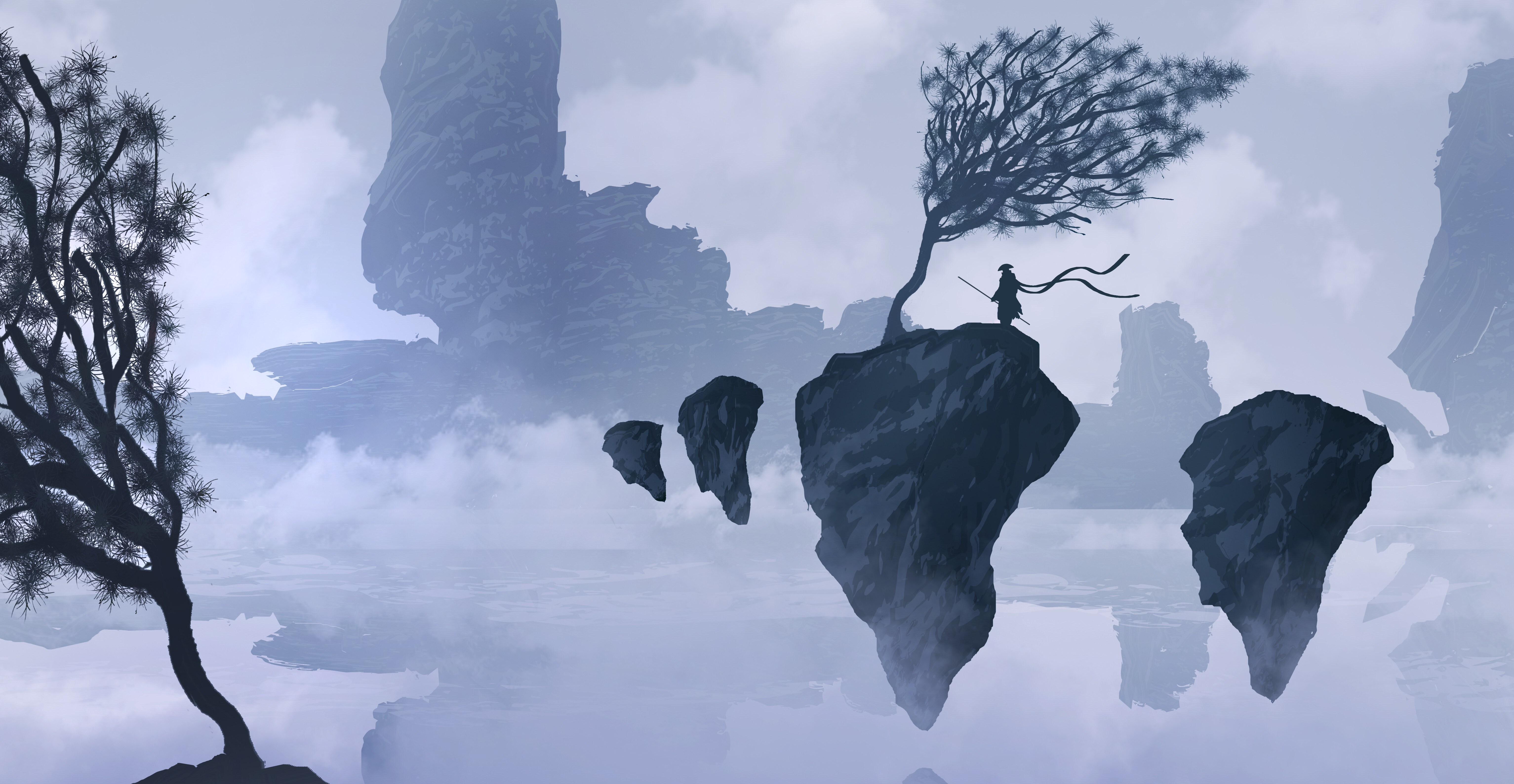 Free download Fantasy Art Mountain Fog Samurai Floating Rock Silhouette Evil Art 4K Wallpaper, Wallpaper(s) website provided.
