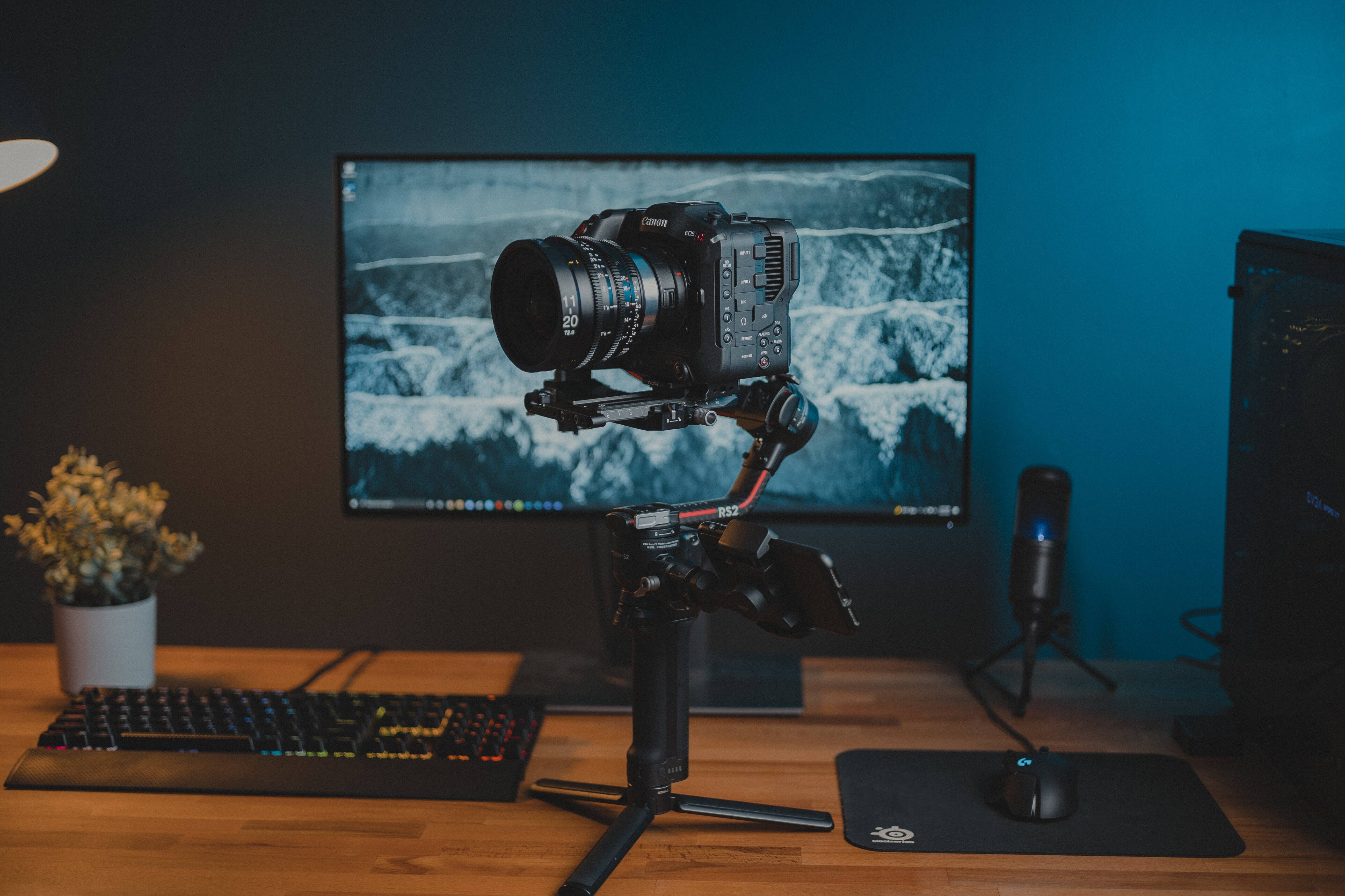 Free download Camera Screen Keyboard Canon Tripod Minimalism Desk Technology Computer Wallpaper 4K Wallpaper, Wallpaper(s) website provided.
