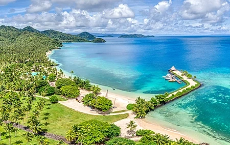 Free download Photography landscape bay beach resort water nature forest palm trees hill dock sky cloud bungalow boat grass sand island 4K wallpaper, Wallpaper(s) website provided.