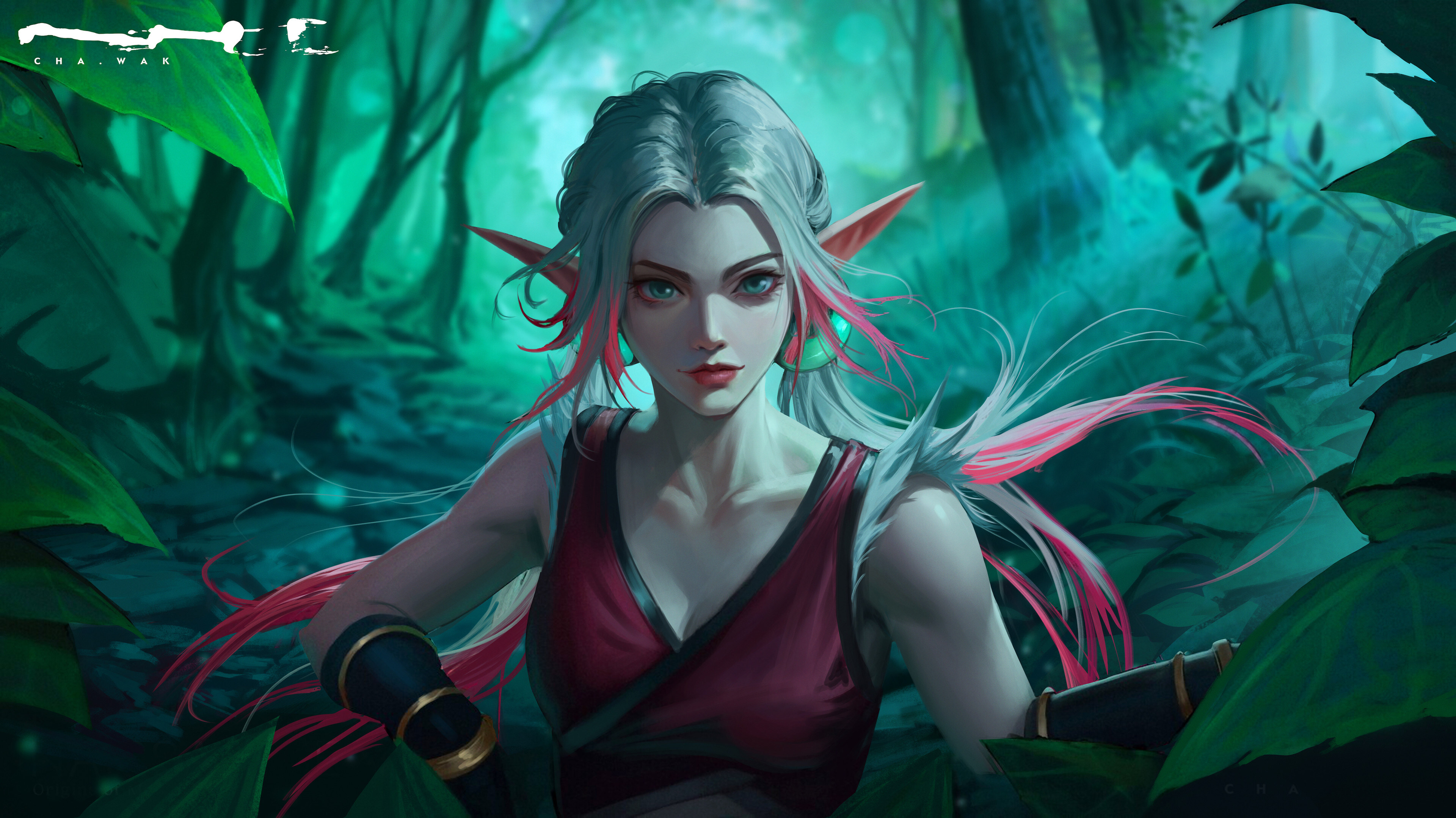 Free download woman fantasy girl long hair elf chacha digital art illustration fantasy art beast ear forest nature plant leaves tree bicolor hair leaves 4K wallpaper, Wallpaper(s) website provided.