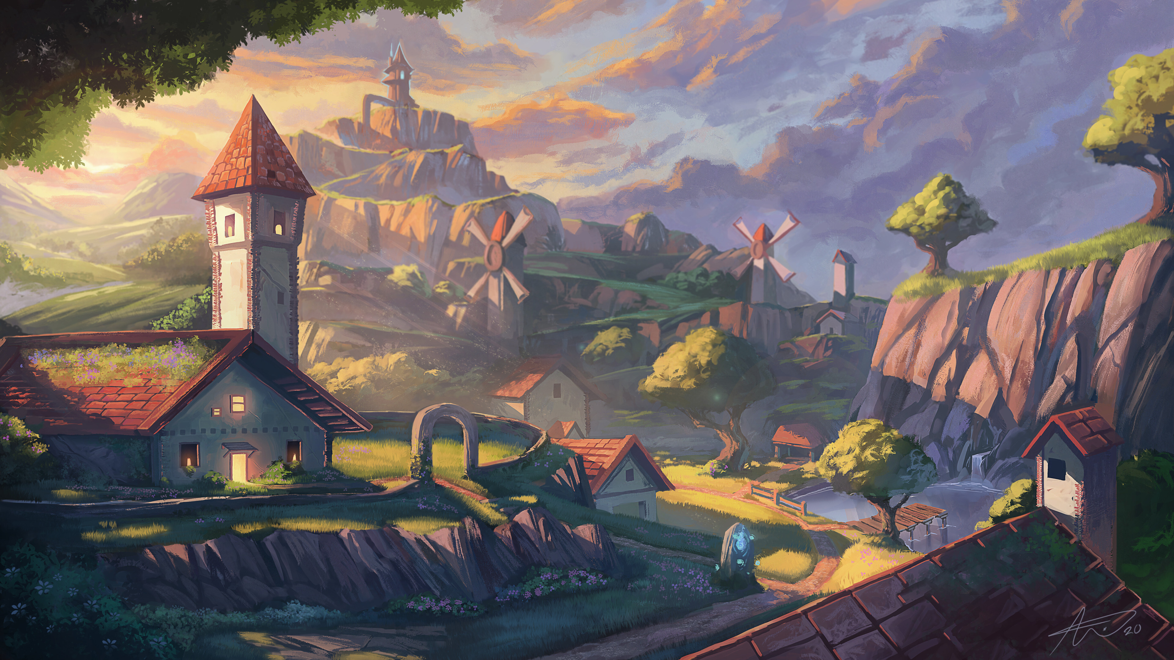 Free download Breath Village Digital Painting Art Windmill Cloud Tree Sunshine Tower 4K Wallpaper, Wallpaper(s) website provided.