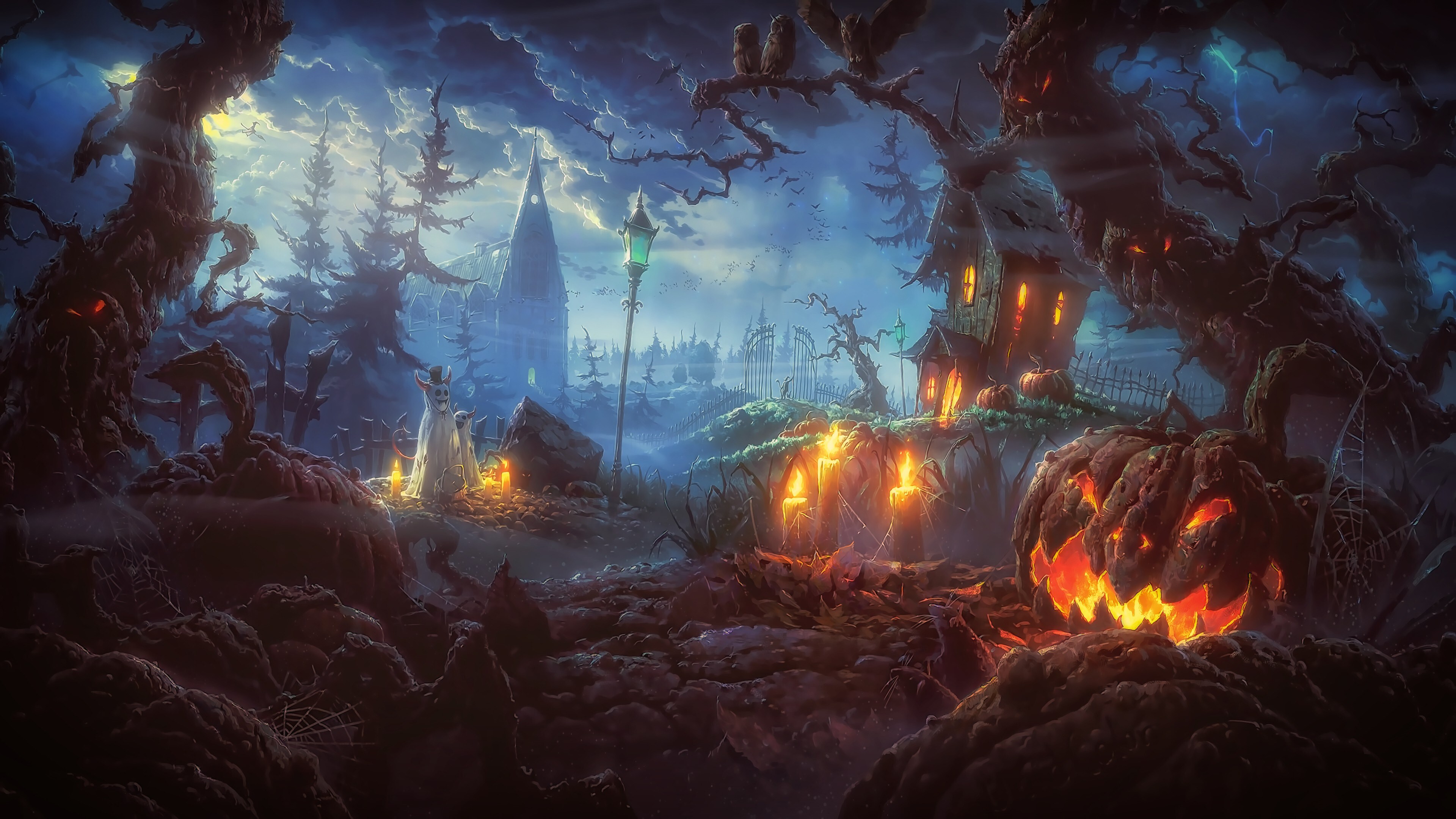 Free download Halloween Horror Night AI Art Ghost Fantasy Art Cloud Tree Sky Candle 4K Wallpaper, Wallpaper(s) website provided.