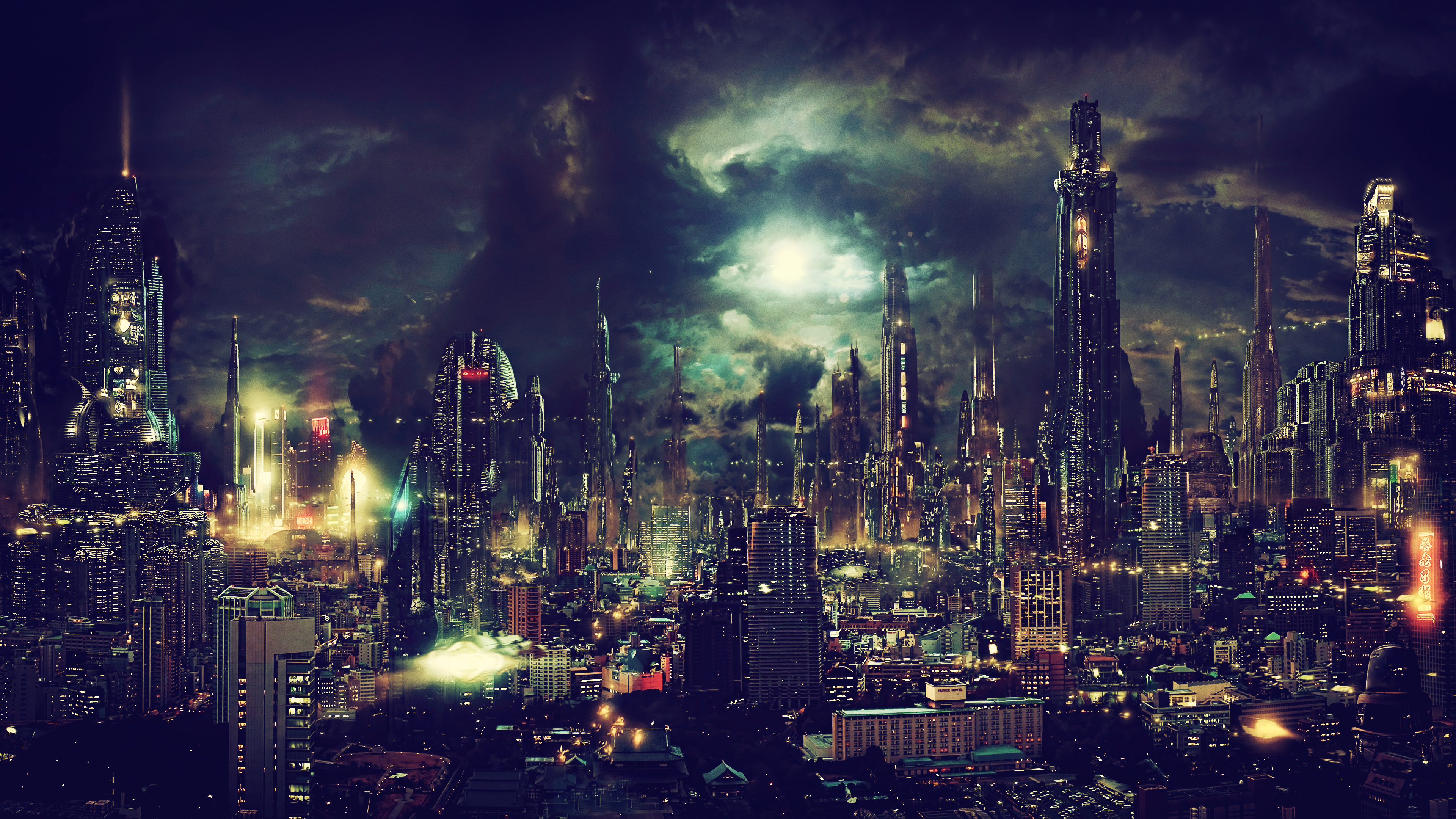 Free download Fantasy Art Night City Landscape Cyberpunk Future City 4K Wallpaper, Wallpaper(s) website provided.