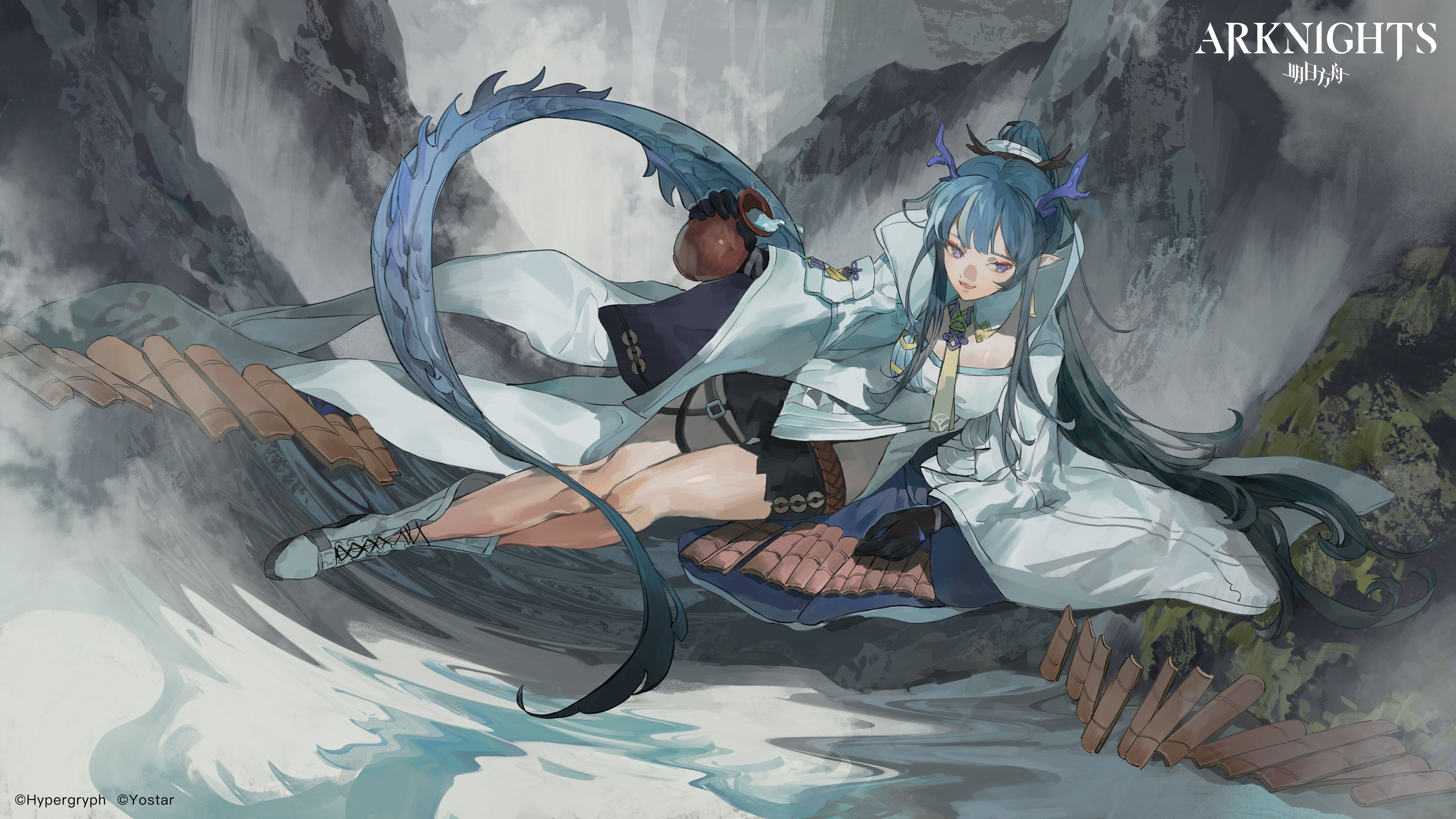 Free download Blue hair blue eyes fantasy girl knight belle anime horn dragon girl tail beast ear ark 4K wallpaper, Wallpaper(s) website provided.