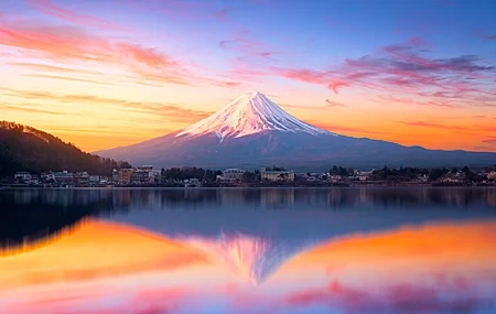 Free download Nature Landscape Clouds Sky Snow Mountains Mountains Water Lake Houses Town Longquan Trees 4K Wallpaper, Wallpaper(s) website provided.
