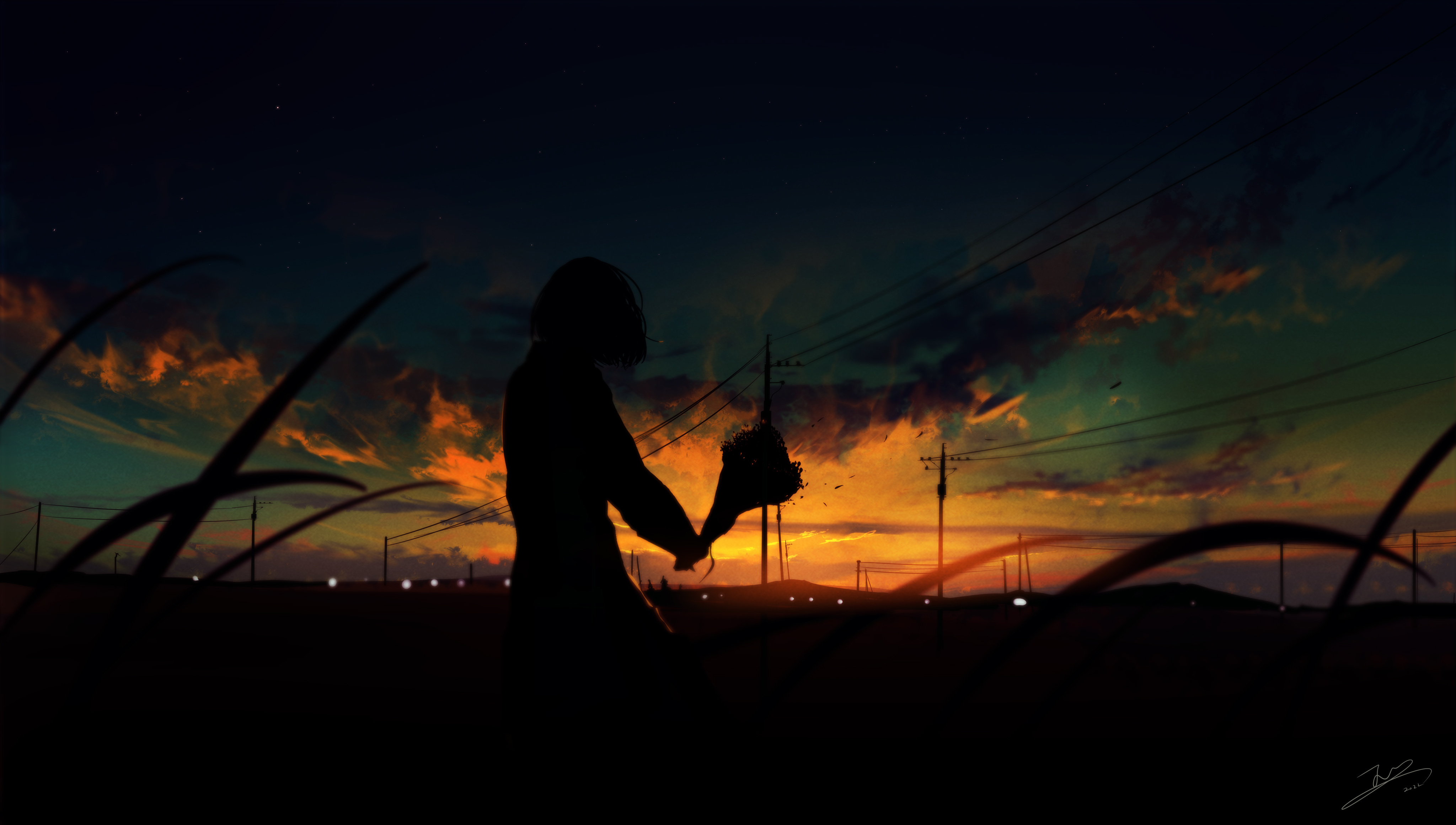 Free download Fantasy girl landscape dusk sunset silhouette bouquet 4K wallpaper, Wallpaper(s) website provided.