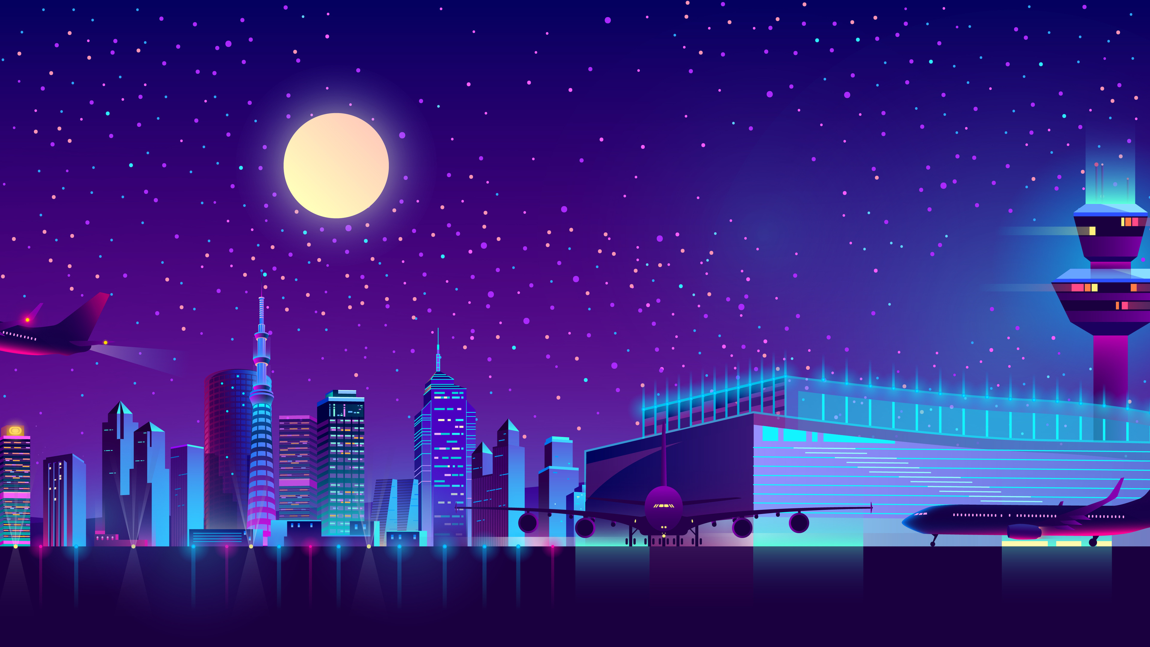Free download AI Art Minimalism Blue Moon Moonlight Stars City Landscape Airport Skyscraper Lights Glowing Vector Graphics Full Moon Aircraft 4K Wallpaper, Wallpaper(s) website provided.