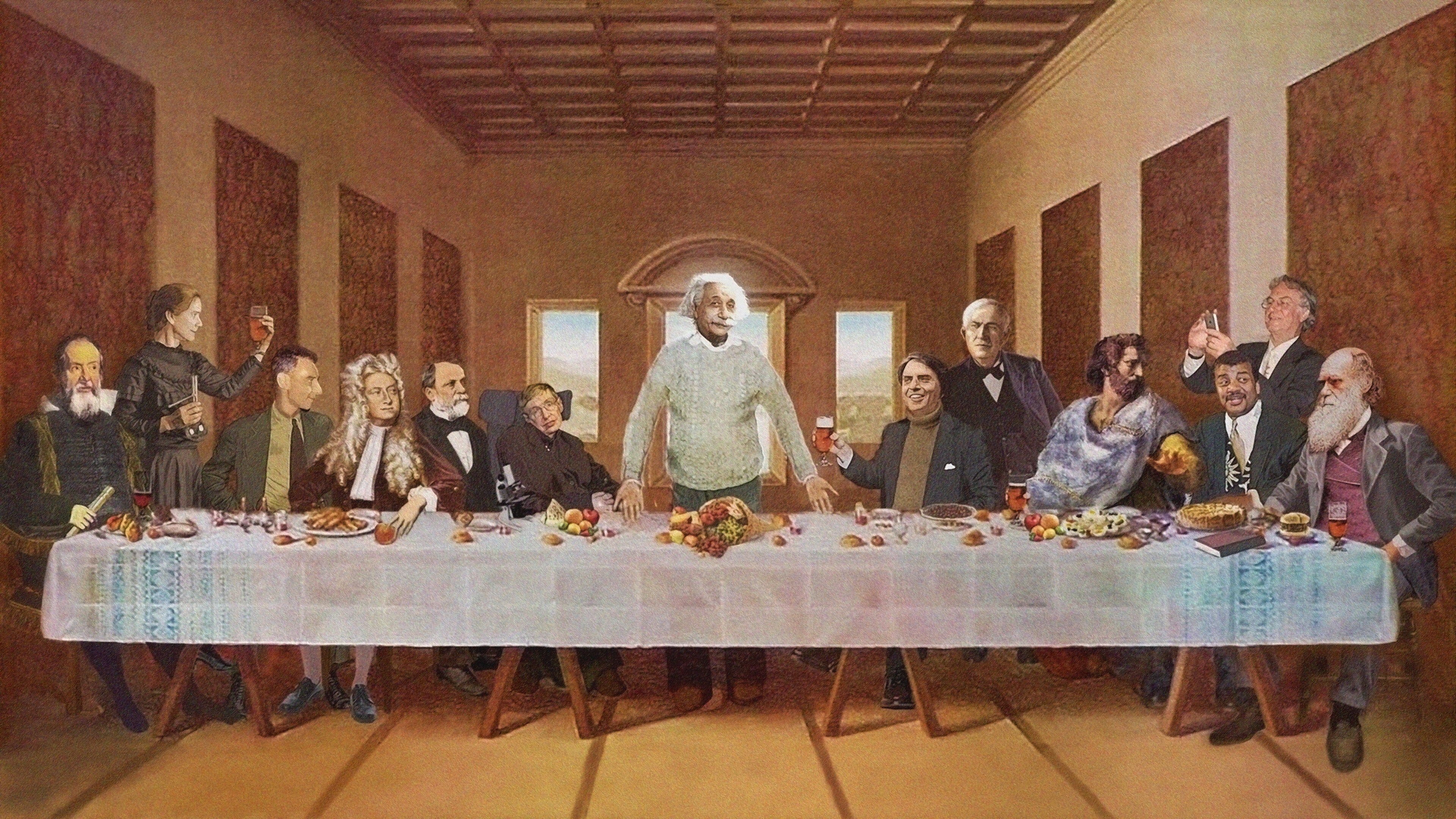 Free download Einstein Newton Scientist Tyson Sagan Hawking Edison Last Supper Science Curie Oppenheimer 4K Wallpaper, Wallpaper(s) website provided.