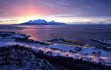 Free download nature landscape clouds sky trees snow winter road lights pier mountains vista sea norway house car boat 4K wallpaper, Wallpaper(s) website provided.